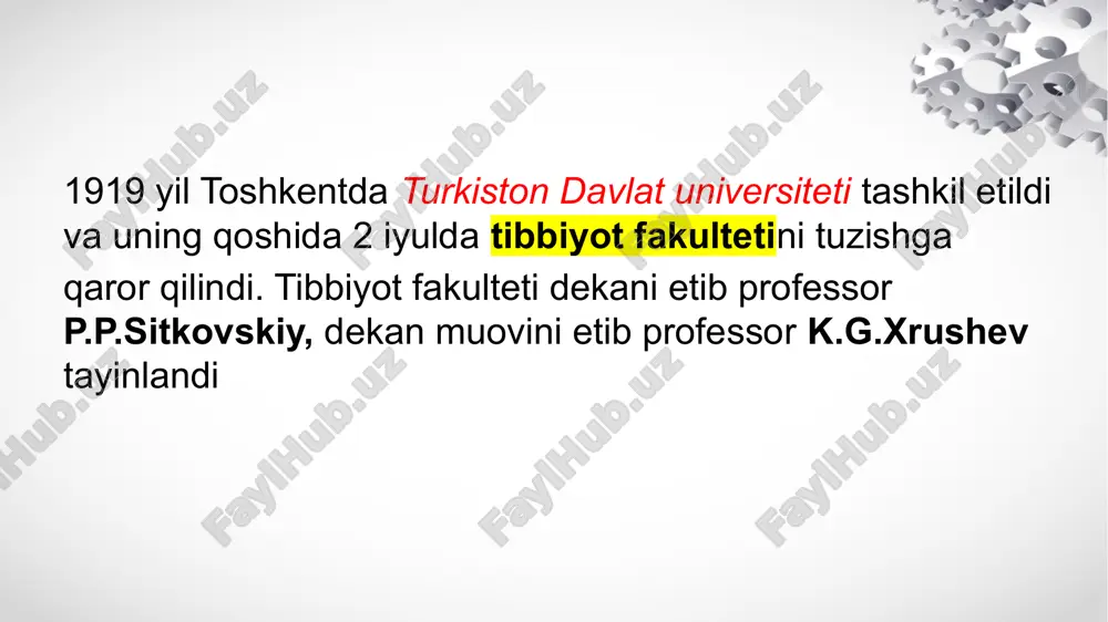 kafedrasi dosenti va kafedra mudiri k.usmanov bo‘ldi. yu.axmedjonov mikrobiolog mutaxassisligini tanladi. m.mirsagatov venerologiya bilan shug‘ullandi va sog‘liqni saqlash tashkilotchisi bo‘ldi. xabib inoyatov va sharif raximov amaliy tibbiyot bilan shug‘ullandilar. turkistonda tibbiy fakul’tetning tashkil etilishi malakali vrach kadrlarni tayyorlashda katta ahamiyat kasb etdi va o‘lkada tibbiy yordamni tashkil etishda muhim rol o‘ynadi. o‘zbekistonda tibbiy fakul’tetning klinik bazasida o‘rinlar soni juda ko‘p edi. bu yerda ixtisoslashtirilgan yordamning barcha turlari ko‘rsatilar edi. bu o‘sha vaqtda yuqori malakali mutaxassislar ishlaydigan o‘rta osiyoda yagona tibbiy muassasa bo‘lib hisoblanar edi. ilmiy faoliyat 1920 yilda a.smirnov pellagrani aniqlagan a.n. kryukov — terapiya klinikasi professori 1921 yilda spru kasalligiga tasnif berib o‘tgan 1922 yilda ba. smirnov bilan birgalikda — brusellyozga ta’rif bergan, 1924 y. i.a.kassirskiy bilan birgalikda bezgakni batafsil o‘rgangan professor p.f.borovskiy leshmanioz (pendinskaya yazva) sababini aniqlagan, o.n. pavlova kala - azarva gijja invaziyasini aniqlagan. 1931 yilda toshkent tibbiyot fakul’teti o‘rta osiyo davlat universitetidan ajralib, sog‘liqni saqlash xalq …