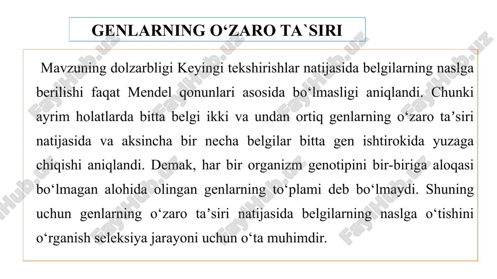da ajralish 9:3:4 nisbatda bo‘ladi. bunda misol qilib qora (aavv) va oq (aavv) sichqonni chatishtirish natijasini ko‘rsatish mumkin. chunki gomozigot retsessiv aa genli sichqonlar vv yoki vv allelli genlar ustidan dominantlik qilib, (aa› v yoki aa›vv) sichqon rangini chiqarmaydi. epistazlik xodisasi kulrang (ssvv) va qora (ssvv) otlarni chatishtirishda ko‘rish mumkin f1 avlod kulrang bo‘lib, ikkinchi avlodda 12:3:1 nisbatda ajralish kuzatiladi. genlarni komplementar taʼsiri genotipdagi allel bo‘lmagan genlarni birgalikda yangi belgining rivojlanishiga olib kelishi. genlarni komplementar ta'siri ikki juft komplementar genlar o‘zaro taʼsirida qovoq mevasi shaklini irsiylanishi. polimer genlar naslga o‘tish qonuniyatlarini shved genetigi nilson-ele birinchi marta 1908 yilda qizil va oq donli bug‘doy navlarini o‘zaro chatishtirishda aniqladi. pleyotropiya [yun. pleon – ancha ko‘p sonli va tropos – burilish, yo‘nalish] – genning ko‘p tomonlama, yaʼni bir nechta belgilarning rivojlanishiga taʼsir ko‘rsata olish xususiyati. pleyotropiya hodisasi genotip nazorat qilib turadigan reaksiyalar mahsuloti darajasida o‘zaro taʼsir ko‘rsatadigan genlar tizimi bilan bog‘liq. amalda har …