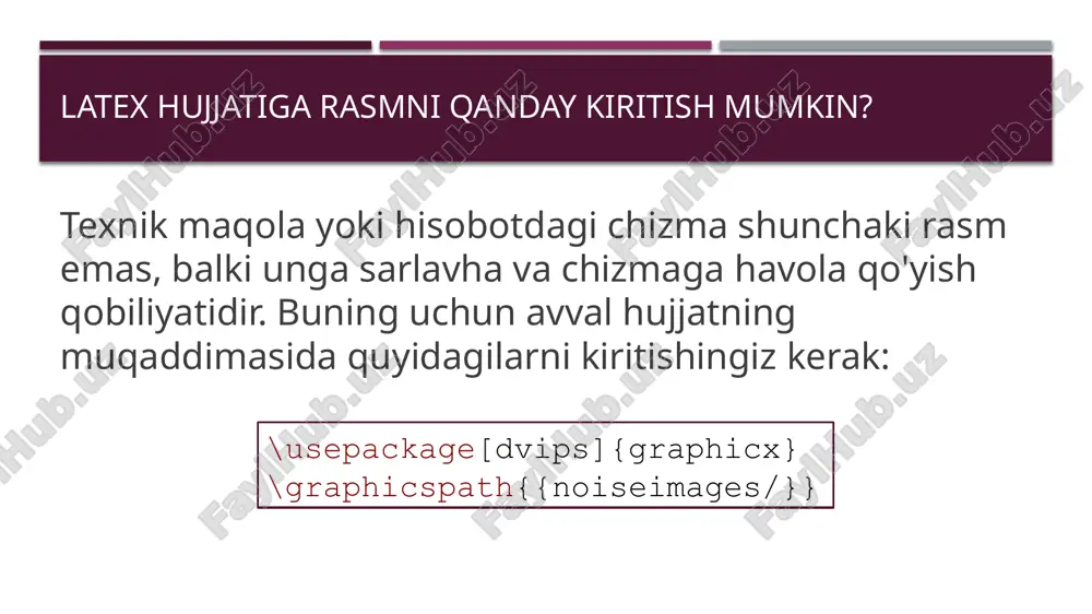 an sarlavhagacha bo'sh joy qo'yishingiz mumkin - unchalik oqlangan bo’lmasada, lekin samarali usul hisoblanadi. bir qatorda ikkita rasm keling, misolni biroz murakkablashtiraylik - har birining ostida bitta imzo bo'lgan ikkita rasmni bir qatorga qo'ying. siz boshqa \includegraphics qo'shishingiz mumkin, lekin rasmlar ostida a) va b) sarlavhalari bo'lishi kerak va ular markazga joylashtirilishi kerak. bunda \begin{minipage} .. \end{minipage} kabi ajoyib muhit mavjud. ya'ni, biz chizish uchun joy ajratamiz va uni ramkaga joylashtiramiz. mana bunday: bu yerda rasmning kengligi 1\linewidth, ya'ni butun chiziq kengligida ko'rsatilgan, lekin chiziq endi 0,49\linewidth kengligida, shuning uchun rasm butun ramkani yarim chiziq o'lchami bilan to'ldiradi. bundan tashqari, har bir rasmdan keyin bo’sh joy va rasmni ko'rsatadigan harf mavjud. rasmlar ostida bitta havola va imzo borligini yodda tutishingiz kerak. \begin{figure}[h] \begin{minipage}[h]{0.49\linewidth} \center{\includegraphics[width=0.5\linewidth]{image} \\ a)} \end{minipage} \hfill \begin{minipage}[h]{0.49\linewidth} \center{\includegraphics[width=0.5\linewidth]{image} \\ b)} \end{minipage} \caption{zavisimost signala ot shuma dlya dannix.} \label{ris:image1} \end{figure} \hfill buyrug'i rasmlarni sahifa chetlariga ko'chirish imkonini beradi, go'yo …