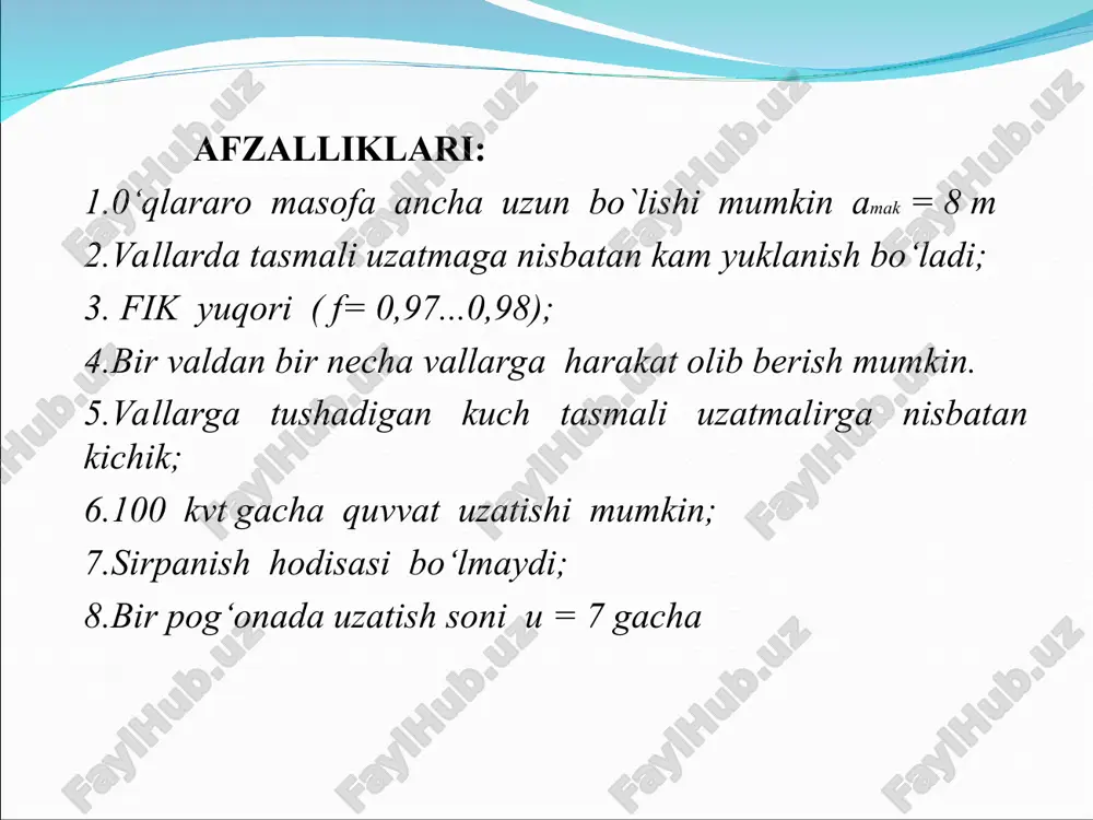 alarning burchak tezliklari uzatish soni 0‘qlararo masofa zanjir bo‘g‘inlari soni: zanjir bo‘g‘inlari soni aniqlangandan keyin o'qlar orasidagi masofa quyidagi formuladan topiladi: aylanma kuch bunda: d1 -yulduzchaning bo‘luvchi diametri zanjirni taranglashda hosil bo'ladigan kuch quyidagi ifoda orqali aniqlanadi: q -1 metr zanjiming og'irligi; kf - zanjiming salqilik koeffitsiyenti. zanjirning salqiligini ta’minlash uchun o‘qlararo masofani 0,2-0,4% kamaytirish kerak bo’ladi; g - og‘irlik kuchining tezlanishi, m/s2; a - zanjiming salqilik hosil qiladigan qismi uzunligi (bu uzunlik shartli ravishda markazlararo masofaga teng qilib olinadi); markazdan qochma kuch ta’siridagi zo'riqish quyidagi formuladan topiladi: bunda: g = 9,81m/s2, v - zanjir tezligi, m/s bosimning hisobiy qiymati. bu yerda: ft, - aylanma kuch, n; ayuz- zanjiming tayanch yuzasi. λ - zanjir qatorini hisobga oluvchi koeffitsiyent. yulduzcha vallarigata’sir qiluvchi kuch bunda: kv – valning yuklanish koeffisiyenti bo’lib qiymati uzatmani gorizontaliga nisbatan joylanishiga bog’liq boiib quyidagicha olinadi. yuklanish bir tekisda bo’lib a = 0-45° bo’lganda kv = 1,15; a …