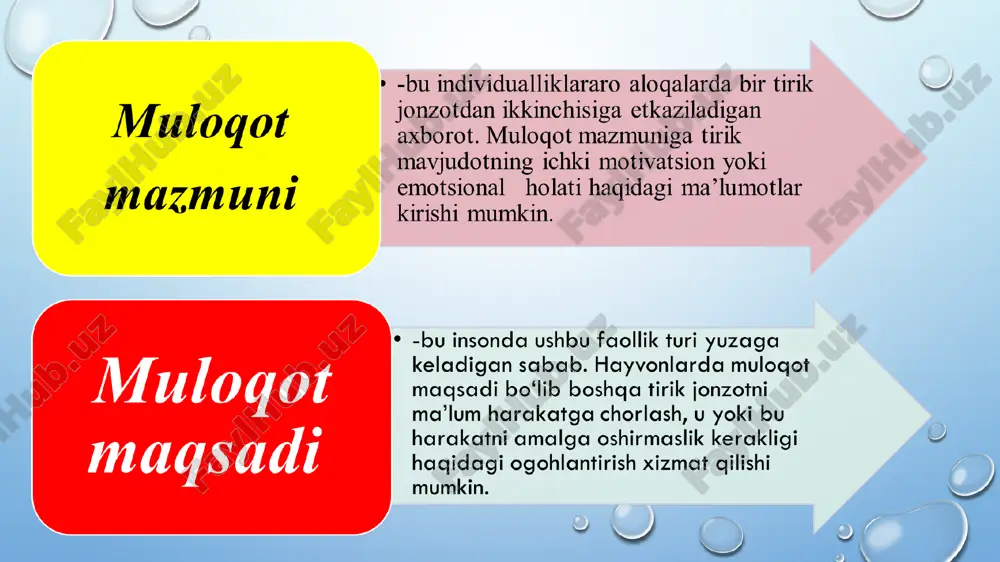 a qaratilgan pedagogik muloqot shaxsiy muloqot ijtimoiy yo’naltirilgan keng jamoatchilikka qaratilgan va jamiyat manfaatlaridan kelib chiqadiganmuloqot guruhdagi predmetga yo’naltirilgan mehnat,ta’lim jarayonidagi yoki biror topshiriq bajarish jarayonidagi muloqot shaxsiy muloqot bir shaxsning boshqa bir shaxs bilan o’z muammolariniyechish maqsadida o’rnatgan munosabati pedagogik muloqot pedagogik jarayonda ishtirok etuvchilar o’rtasidagi amalga oshiriladigan murakkab o’zaro ta’sir jarayoni muloqotning komunikativ tomoni muloqotga kirishuvchilar o’rtasidagi ma’lumot almashinuv jarayoni muloqotga kirishuvchilarning xulq-atvoriga ta’siri muloqotning interaktiv tomoni muloqotning perseptiv tomoni- muloqotga kirishuvchilarning bir-birini idrok etishlari va tushunishlari bilan bog’liq bo’lgan murakkab psixologik jarayon. muloqotning interaktiv tomoni refleksiya aktiv holat o’ychan jimlik stereo- tipizatsiya o’ychan jimlik foydalanilgan adabiyotlar ro‘yxati: 1.mirziyoyev sh.m. buyuk kelajagimizni mard va olijanob xalqimiz bilan birga quramiz.-toshkent.: “o‘zbekiston”. 2017.-488 b. 2.g‘oziev e.g. umumiy psixologiya. toshkent. 2002.1-2 kitob. 3.g‘oziev e.g. toshimov r. menejment psixologiyasi. t-2001 4.g‘oziev e.g. muomala psixologiyasi. t-2001. www.ziyonet.uz e’tiboringiz uchun rahmat! postagem carrosel