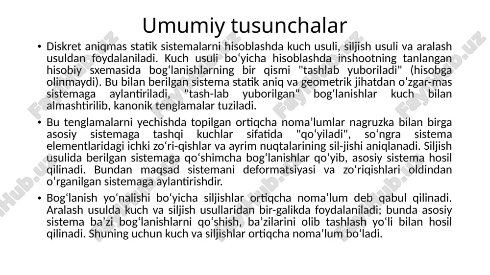 ivorlik va bikirlik masalalari bilan materiallar qarshiligi fani ham shugullanadi. lekin materiallar qarshiligi fani inshootni tashkil etuvchi alohida elementlar (balka, sterjen va x.k.) ning mustahkamligi, ustivorligi va bikirligi organadi. qurilish mexanikasida alohida elementlar majmuasidan tashkil topgan butun inshootning mustahkamligi, ustuvorligi va bikirligi korib otiladi. malumki, mustaxkamlik, ustivorlik va bikirlik masalalari bilan materiallar qarshiligi fani ham shugullanadi. lekin materiallar qarshiligi fani inshootni tashkil etuvchi alohida elementlar (balka, sterjen va x.k.) ning mustahkamligi, ustivorligi va bikirligi organadi. qo’shimcha ma’lumotlar qurilish mexanikasida alohida elementlar majmuasidan tashkil topgan butun inshootning mustahkamligi, ustuvorligi va bikirligi korib otiladi. korinib turibdiki qurilish mexanikasi fani materiallar qarshiligi fani xamda nazariy mexanika, fizika va matematika fanlariga uzviy boglangan fandir. korinib turibdiki qurilish mexanikasi fani materiallar qarshiligi fani xamda nazariy mexanika, fizika va matematika fanlariga uzviy boglangan fandir. qurilish mexanikasi fanining asosiy vazifalaridan biri tashqi kuchlar (yuklar) tasirida konstruksiya elementlarida xosil boladigan ichki kuchlarni (zoriqishlarni) aniqlashdan iboratdir. qurilish mexanikasi fanining …