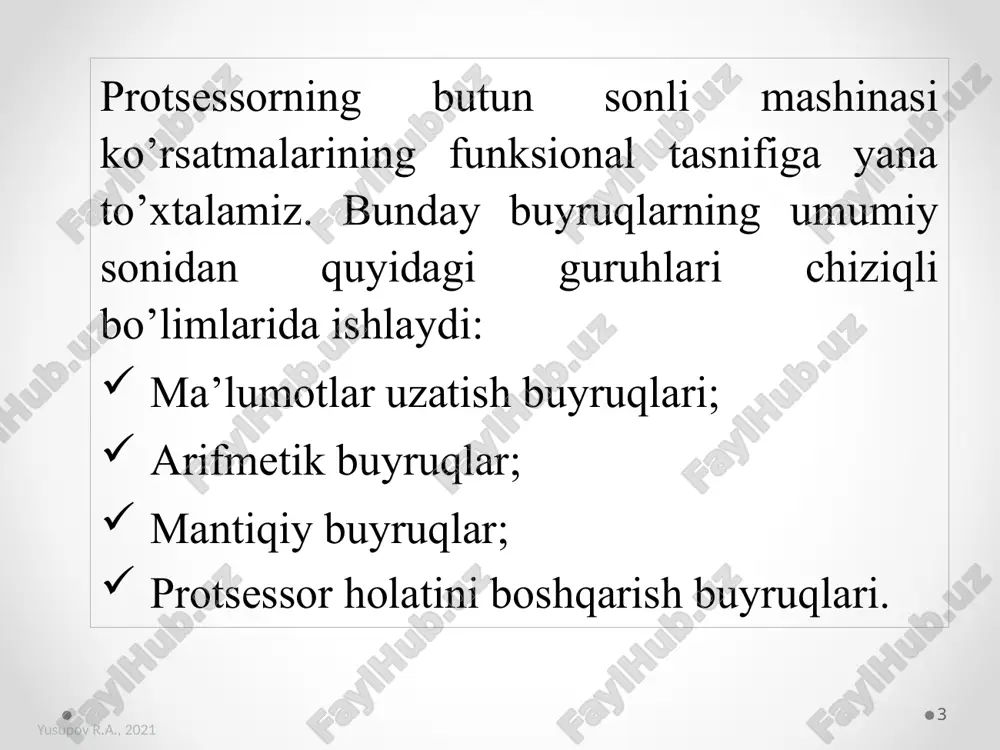d talablari sub buyrug’i bilan bir xil shartli o’tish sintaksis jxxx nishon; xxx o’tish shartini belgilaydi mnemonik kodlar ro’yxati je ; teng bo’yicha o’tish jne ; teng emas bo’yicha 10 yusupov r.a., 2021 qolgan shartlar uchun o’tishlar ishorasiz va ishorali sonlar uchun farq qiladi. ishorasiz shart ishorali jb jg jae ≥ jge siklni boshqarish diqqat: quyidagi buyruqlar o’tish buyrug’idan 128 baytdan oshmaydigan buyruqlarga o’tishga imkon beradi. jecxz nishon; agar ecx = 0 bo’lsa, nishonga o’ting loop nishon buyruq harakati: 1) ecx: = ecx -1; 2) agar ecx ≠ 0 bo’lsa, nishonga o’tish sodir bo’ladi. 11 savollar????? image2.png /docprops/thumbnail.jpeg