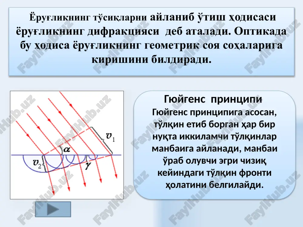 q diskdagi frenel difraktsiyasi e ekranning b nuqtasidagi yorug'likning amplitudasi quyidagicha bo'ladi v nuqtada doimo, birinchi ochilgan frenel sohasi yarmining ta'siriga tngishli interferentsiya maksimumi kuzatiladi. markaziy maksimum atrofida kontsentrik yorug' va qorong'i xalqalar kuzatiladi. 15 cheksiz uzun teshikdagi fraungofer difraktsiyasi. frenel sohalari soni juft bo'lganda frenel sohalar soni toq bo'lganda difraktsiya maksimumi kuzati lishi sharti difraktsiya maksimumi kuzatish sharti difraktsiyaviy spektr dsinφ = ±2m dsinφ = ±(2m+1) 16 tirqish oq nur bilan yoritilganda markaziy maksimum oq yo'l ko'rinishida kuzatiladi.yondoshgan maksimumlar rang – barang bo'lib, difraktsiya manzarasi markazida binafsha rangda bo'ladi. amplituda maksimal bo'ladigan yo'nalishlar amplituda nolga teng bo'ladigan yo'nalishlar difraktsiya natijasida ekranda olinadigan jadalliklar taqsimoti difraktsiyaviy spektr deyiladi. 17 difraktsion panjarada fraungofer difraktsiyasi. bir o'lchamli difraktsiyaviy panjara – bir tekislikda yotgan va bir xil qalinlikdagi tiniq bo'lmagan oraliqlar bilan bo'lingan, teng qalinli parallel tirqishlardir. a —har bir tirqishning kengligi b— tirqishlar orasidagi tiniq bo'lmagan sohalar kengligi no— birlik uzunlikka teng …