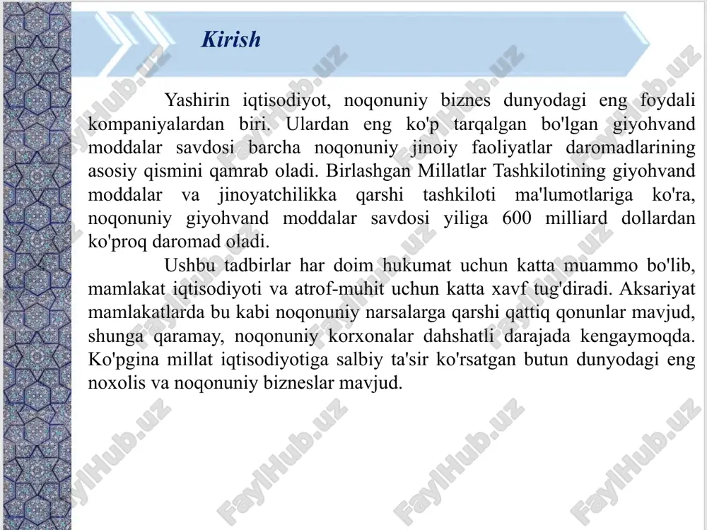 n olinadigan daromadlar bilan o'lchanadi. soliqlardan qochish. soliq to'lashdan bo'yin tovlash yoki qora bozorda ishtirok etish noqonuniy bo'lgani uchun ishtirokchilar o'z xatti-harakatlarini hukumat yoki tartibga solish organlaridan yashirishga urinishadi . naqd puldan foydalanish - noqonuniy operatsiyalarni amalga oshirishning imtiyozli vositasi, chunki naqd ishlatish iz qoldirmaydi. qora bozorlarda faoliyat yuritishning umumiy sabablari kontrabanda bilan shug'ullanish, soliqlar va qarorlar qabul qilinmasligi, etakchalarning narxini nazorat qilish yoki narxlarni taqsimlashdan iborat. xufyona sektor bilan bog'liq eng katta xavf-xatar – bu bozor konstitutsiyasidan keskin farq qiluvchi xatti-harakatlar va bitimlar tuzishning alohida me'yorlari shakllanishidir. xufyona me'yorlarning asosida ularning amal qilishi hududiy jihatdan va / yoki shaxslarning ma'lum doirasi tomonidan chegaralangan ijtimoiy mexanizmlar yotadi - qonunga bo'ysunish me'yorlarining mavjud emasligi, me'yorlarning ijtimoiy mansubligidan qat'i nazar barcha iqtisodiy sub'ektlarga amal qilishiga imkon bermaydi. xufyona me'yorlarning yozilmagan va yakka hol xususiyati tufayli xufyona bitimlar tuzish uchun barchaga mos keladigan o'yin qoidalarini ifodalab bo'lmasa-da, xufyona iqtisodiyot «konstitutsiyasi»ning asosiy unsurlarini aniqlash …