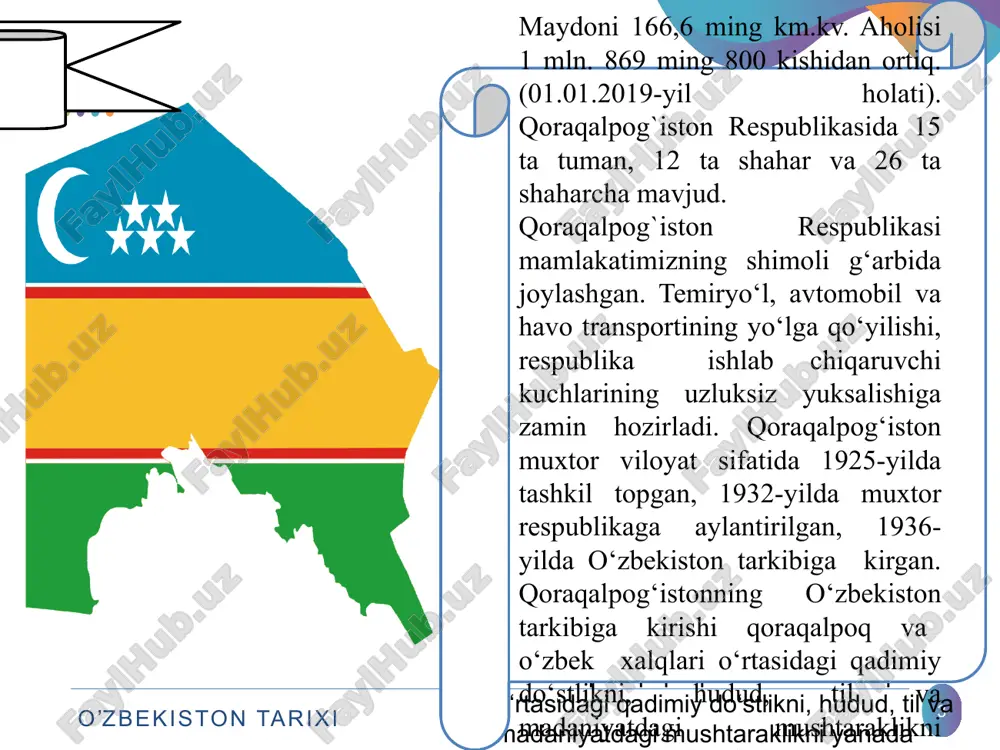 ri va omborlar o‘zbekiston tovar xom ashyo birjasining qoraqalpog’iston bo‘limi, 19 ta supermarket do‘konlari faoliyati yo’lga qo’yildi 32 ta ko‘tara savdo bazasi 9 yirik sanoat korxonalari 1993-yili nukusda “kateks” to‘qimachilik majmuasi 1995-yili ellikqal’a tumanida “elteks” to‘qimachilik majmuasi 1995-yilda xo‘jayli shahrida shisha idishlar zavodi 1996-yilda qo‘ng‘irotda “urga” gaz sanoati kompleksi nukusun spirt zavodi qo’ng’irot soda zavodi 10 ustyurt gaz-kimyo kombinati. 2012 – yil 2014-yili nufuzli “infrastructure journal” xalqaro nashri mazkur loyiha qurilishini “2014-yilning neft-gaz sohasidagi eng yirik bitimi”, deb e’lon qildi. umumiy qiymati 4 milliard aqsh dollarini tashkil etgan bu mashhur loyiha amalga oshirilishi mamlakatimiz sanoati rivojini yangi bosqichga ko‘tarishi shubhasiz. hozir bu yerda yiliga 4,5 milliard kub metr gaz qayta ishlanmoqda. buning samarasida xalqimiz ehtiyoji va eksport uchun 3,7 milliard kub metr gaz, 387 ming tonna polietilen, 83 ming tonna polipropilen, 102 ming tonna piroliz distillyati va boshqa qimmatbaho mahsulotlar ishlab chiqarilmoqda. ustyurt gaz-kimyo kombinati 12 mulkni davlat tasarrufidan chiqarish …