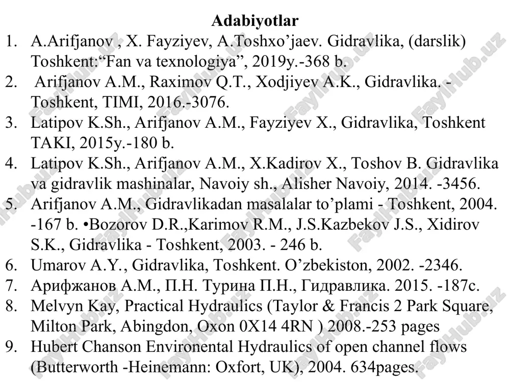dan va (3) ni tezlikka nisbatan yechilsa, ushbu formula kelib chiqadi: bu ifoda shezi formulasi deb ataladi. bu yerda c - shezi koeffitsiyenti shezi koeffitsientini gidravlik ishqalanish koeffitsienti  bilan bog’lash uchun (3) ning sur‘at va mahrajini 8g ga ko`paytirib quyidagi ko`rinishga keltiramiz bu formulani darsi-veysbax formulasi uchun kurinishi bilan solishtirib, shezi koeffitsienti uchun ushbu munosabatni olamiz mahalliy qarshiliklarda napor yuqolishini aniqlash suyuqlik quvurlarda harakat qilganda turli to`siqlarni aylanib utishi uchun energiya sarflaydi. ana shu energiyaning sarflanishi suyuqlik bosimining pasayishiga sabab bo’ladi. sarf etiladigan energiya quvurdagi turli to`siqlarning soniga va turlariga bog’liq. mahalliy qarshilikning juda ko`p turlari mavjud bo’lib, bularning har biri uchun bosimning pasayishi turlichadir. amaliy hisoblashlarda mahalliy qarshiliklarda bosimning pasayishini solishtirma kinetik energiyaga proportsional qilib olinadi proportsionalik koeffitsienti mahalliy qarshilik koeffitsienti deb ataladi va asosan tajriba yuli bilan aniqlanadi quvurlarda mahalliy napor yo’qolishi sabablaridan bo’lib, ularda o’rnatilgan konstruktiv qurilmalar, (tirsak, quvurning siqilishi va kengayishi, zadvijka, teskari klapan va …