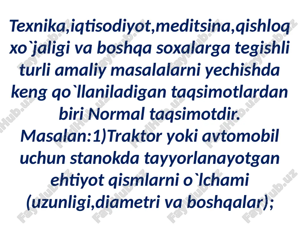ketma-ketligi uchun mlt o’rinli bo’ladi. ya’ni normalangan tasodifiy miqdor normal taqsimot qonunga ega bo’ladi. mavzuga doir mustaqil ish. 1-misol. ushbu taqsimot qonun bilan berilgan: bu ketma-ketlik uchun mlt o’rinlimi? - 0 mavzuga doir mustaqil ish. 1-misol. ushbu taqsimot qonun bilan berilgan: bu ketma-ketlik uchun mlt o’rinlimi? - 0 2-misol. shahar aholisining kundalik non iste’moli dtm bo’lib, ushbu taqsimot qonunga ega: 2 0,3 4 0,4 6 0,3 shaharda 14ta tuman bo’lib, jami kundalik non iste’moli uchun mlt o’rinli ekanligi tasdiqlansa, shahar aholisi uchun bir kunda ketadigan o’rtacha non miqdori aniqlansin? mavzuga doir mustaqil ishlar asosiy adabiyotlar 1. v.e. gmurman “ehtimollar nazariyasi va matematik ctatistika toshkent, “o'qituvchi”,1977y. 2. v.e.gmurman ehtimollar nazariyasi va matematik statistikadan masalalar echish uchun qo'llanma. t.o'qituvchi,1981y. 3.v.v.vahobov,f.j.to'raev,a.sh. mardiev ehtimollar nazariyasi va matematik statistika t.2024y image1.png image2.png image3.png image4.png image5.png image6.png image60.png image70.png image8.png image9.png image7.png image11.png image12.png image13.png image10.png image14.png image15.png image16.png image17.png image40.png image132.png image18.png image100.png image111.png image121.png …