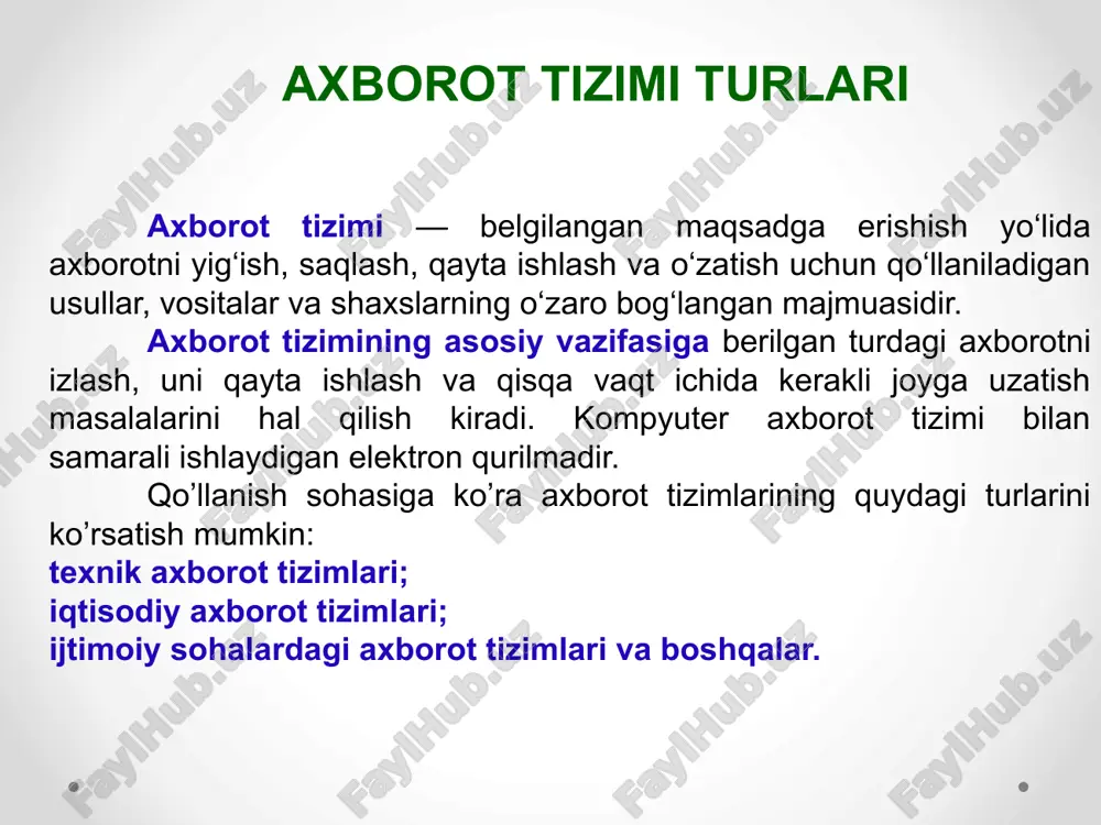 a boshqarish yoki ma'lumotlarni qayta ishlash funktsiyalarining bir qismi avtomatik ravishda, qolgani esa inson tomonidan bajariladi. avtomatik axborotlar tizimida boshqarish va ma'lumotlarni qayta ishlashning barcha funktsiyalari texnik vositalarda, inson ishtirokisiz amalga oshiriladi (masalan, texnologik jarayonlarni avtomatik boshqarish). qo‘llanish sohasiga qarab axborot tizimlarini quyidagi sinflarga ajratish mumkin: ilmiy tadqiqotlarni avtomatlashtirish va boshqarish; loyixalashtirishni avtomatlashtirish; tashkiliy jarayonlarni boshqarish; texnologik jarayonlarni boshqarish. ilmiy tadqiqotlarni avtomatlashtirish va boshqarishda axborot tizimlari ilmiy xodimlar faoliyatini avtomatlashtirish, statistik axborotni taxlil etish, tajribalarni boshqarish uchun mo‘ljallangan. loyixalashtirishni avtomatlashtirishda axborot tizimlari yangi texnika (texnologiya) ishlab chiqaruvchilar va muxandis loyixachilar mexnatini avtomatlashtirish uchun mo‘ljallangan. tashkiliy boshqaruvda axborot tizimlari — shaxslar funk­tsiyalarini avtomatlashtirish uchun mo‘ljallangan. bu sinf­ga ham sanoat (korxonalar), ham nosanoat ob'ektlari (bank, birja, sug‘urta kompaniyalari, mexmonxonalar va xokazolar) va ayrim ofislar (ofis tizimlari)ni boshqarishning axborot tizimlari kiradi. texnologik jarayonlarni boshqarishda axborot tizimi turli texnologik jarayonlarni avtomatlashtirish uchun mo‘ljallangan (moslashuvchan ishlab chiqarish jarayonlari, metallurgiya, energetika va xokazolar). dastlabki axborot tizimlari …