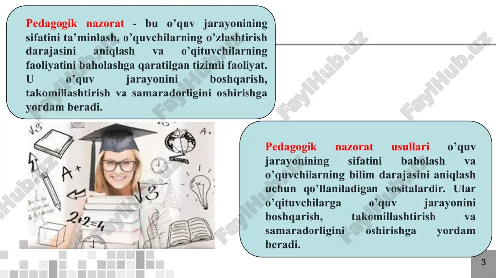 h. bilimni amaliyotda qo’llash va yangi vaziyatlarda foydalanish ko’nikmalarini shakllantirish. o’quvchilarni o’z-o’zini tekshirishga va o’z-o’zini baholashga o’rgatish. usullari: testlar, amaliy mashg’ulotlar, loyihalar, taqdimotlar. v uchebnom protsesse vse funktsii tesno vzaimosvyazani i perepleteni. odnako obichno odna, vedushaya funktsiya prevaliruet nad ostalnimi. tak, na seminare v osnovnom proyavlyaetsya obuchayushaya funktsiya: viskazivayutsya razlichnie sujdeniya, zadayutsya navodyashie voprosi, obsujdayutsya oshibki, no vmeste s tem seminar vipolnyaet diagnosticheskuyu i vospitivayushuyu funktsii. zacheti, ekzameni, testirovanie vipolnyayut preimushestvenno diagnosticheskuyu funktsiyu kontrolya. metodi samootsenki napravleni na refleksiyu obuchayushixsya i vipolnyayut prejde vsego vospitatelnuyu funktsiyu * * pedagogik nazorat funktsiyalari tarbiyaviy maqsadi: o’quvchilarda mas’uliyatlilik, intizomlilik, mehnatsevarlik va o’z burchini his qilish kabi ijobiy xislatlarni shakllantirish. vazifalari: o’quvchilarning vaqtidan unumli foydalanishiga ko’maklashish. topshiriqlarni o’z vaqtida va sifatli bajarishga o’rgatish. o’z xatolarini tan olishga va ularni tuzatishga intilishni rivojlantirish. usullari: baholash mezonlarini e’lon qilish, adolatli baholash, rag’batlantirish, tanqid qilish. v uchebnom protsesse vse funktsii tesno vzaimosvyazani i perepleteni. odnako obichno odna, …