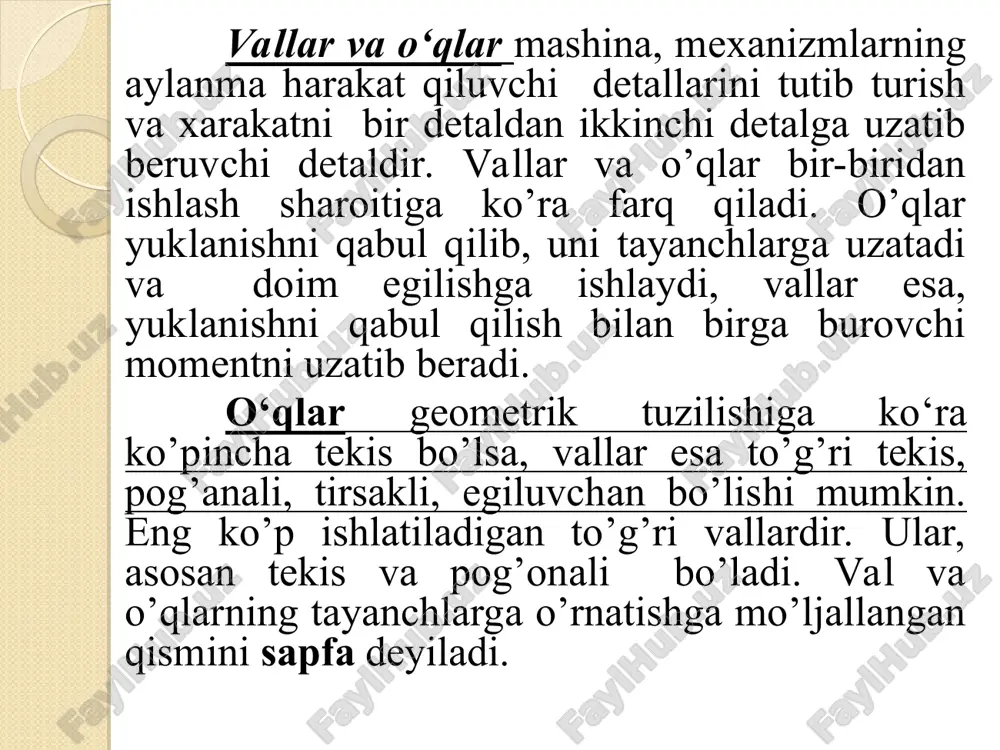 ti. joiz ehtiyot kozffitsienti [s] =1,5...2,5. [s] -ning yuqori qiymati valning ishlash sharoitiga qarab belgilanadi. σα, τα - kuchlanish tsiklining o'zgaruvchan qismi; σm , τm – kuchlanish tsiklining o'zgarmas qismi; σ-1 , τ-1 – val materialining chidamlilik chegarasi; kσ , kτ -egilish va burilish bo'yicha belgilangan kuchlanishlarni to'planish koeffitsientlari; kd , kf -val diametrini va sirt tozaligini hisobga oluvchi koeffitsientlar; ψσ , ψτ -kuchlanish tsiklining o'zgarmas qismini mustahkamlikka ta'sirini hisobga oluvchi koeffitsientlar bo'lib val materialining xarakteristikasiga bog'liq. formuladagi kσ , kτ , kd , kf , ψσ , ψτ koeffitsientlarni qiymati jadvallardan tanlab olinadi. σ-1 , τ-1 qiymatlarini quyidagicha aniqlash mumkin: σ-1 = 0,43σch , τ-1 = 0,58σ-1. mustaqil nazorat uchun savollar 1.val va o'qlarni ishlatishdan maqsad? 2.qanday xususiyati bilan val o'qdan farq qiladi. 3.qanday xususiyatlarga qarab vallarni sinflash mumkin? 4.tsapfa, ship, bo'yin, tavonlarga izox bering. 5. vallarning materiali va ularga termik ishlov berish xaqida tushuncha bering. 6.o'qlar mustahkamlikka qanday …