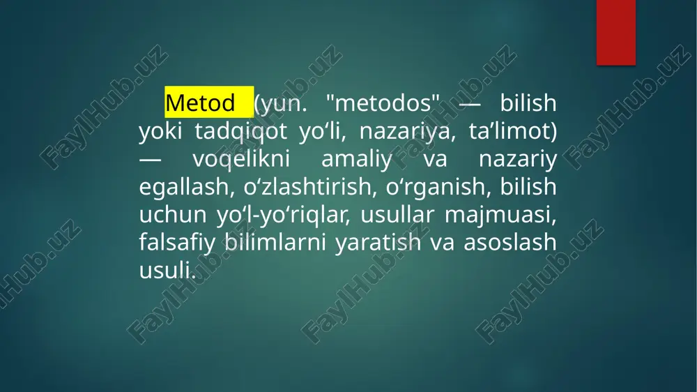 g‘ich shartlar nazorat sinfidagiga qaraganda bir muncha eng qulayroqdir; agar tajriba sinflarda bunday sharoitlarda yaxshi natijalar olingan bo‘lsa, masalani tajriba hal qilishi o‘zini oqlagan hisoblanadi; 2. o‘quvchilarnig tarkibi taxminan bir xil bo‘lgan ikkita sinf olinadi; tadqiq qilinayotgan masalaning yangi yechimi shu sinflarning bittasida qullaniladi, so‘ngra boshqa mavzu materiallarida ikkinchi bir sinfda qo‘llaniladi; agar bunday qo‘llanishdagi yangi metod, usul yaxshi natija bersa, bu usul, metod o‘zini oqlagan bo‘ladi. 4. maktab hujjatlarini o‘rganish. pedagogik tadqiqotlarning keng tarqalgan metodlaridan biri o‘quvchilar ishlari va hujjatlarini o‘rganishdan iborat. o‘quvchilarning ishlari ularni dasturning ayrim bo‘limlari bo‘yicha tayyorgarlik darajasini aniqlash, o‘qitishning ma’lum davri davomida o‘sishi va rivojlanishlarini kuzatish imkonini beradi. masalan, maxsus yozma va grafik ishlar shu maqsadda o‘tkaziladiki, bularni tekshirish natijasida bolalarning matematikadan olgan bilimlarini va malakalari aniq ko‘rinishi kerak; ma’lum vaqt oralig‘ida bunday maxsus ishlarni bajartirib turish, o‘quvchilar olg‘a siljiyotganini va qanday darajada siljiyotganini ko‘rsatadi. o‘quvchilarning yozma ishlarida yo‘l qo‘ygan xatolarini tahlil qilish muhim ahamiyatga …