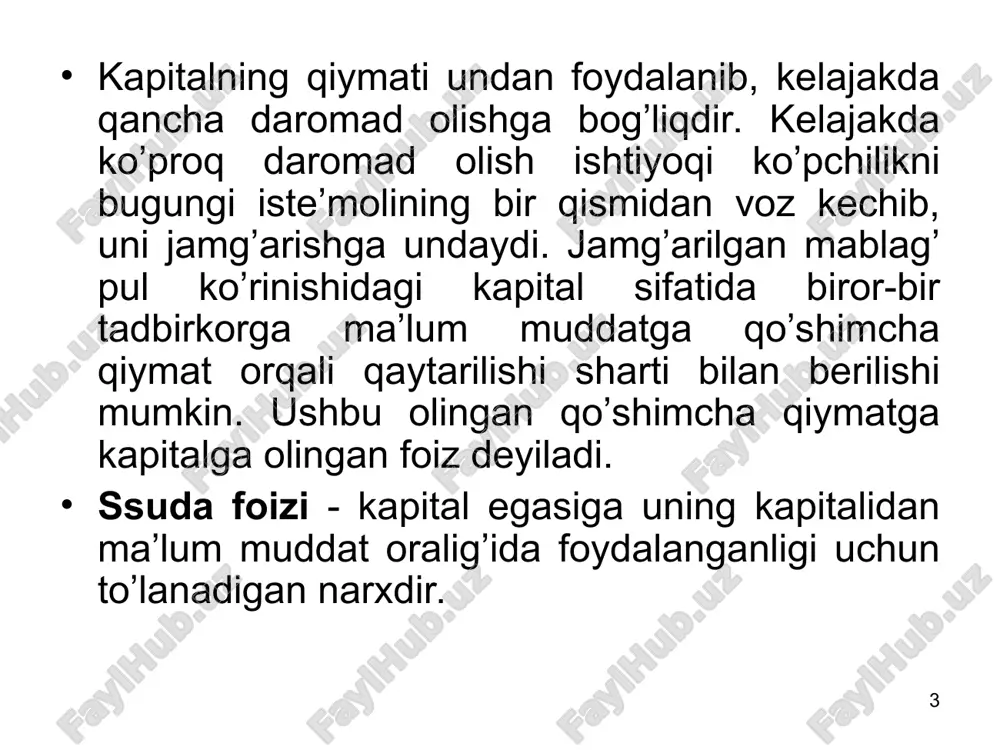 tli oraliqdagi investitsiya asosiy kapitalga qo’yilgan investitsiyalar asosan uzoq muddatli bo’ladi. asosiy kapitalning xizmat qilish, ya’ni undan foydalanish muddati mavjud bo’lib, u chegaralangan bo’ladi. asosiy kapital xizmat ko’rsatish muddati davomida firma uchun daromad keltiradi. uzoq muddatli oraliqdagi kapital qo’yilmadan olinadigan foydani hisoblash uchun asosiy kapitalning xizmat ko’rsatish muddatini va undan foydalanish davomida har yilda olinadigan daromadni bilish kerak bo’ladi. faraz qilaylik, i - investitsiyani chekli qiymati, rj - j-xizmat ko’rsatish yilida asosiy kapitaldan olinadigan chekli (qo’shimcha) daromad. u holda birinchi yil uchun (j=1) kapitalning chekli oqlash normasini (r) quyidagi formula orqali hisoblash mumkin: demak, bugungi bir so’mlik kapitalning qiymati yilning oxiriga kelib 1+r so’mga teng bo’ladi, agar u bir yil davomida r so’mlik foyda keltirsa. * * * * * qiymatni diskontirlash * * 1 dollarning diskontirlangan (keltirilgan) qiymati foiz stavkasi yillar 1 5 10 20 0,01 0,990 0,951 0,905 0,820 0,05 0,952 0,784 0,614 0,377 0,10 0,909 0,621 0,386 …