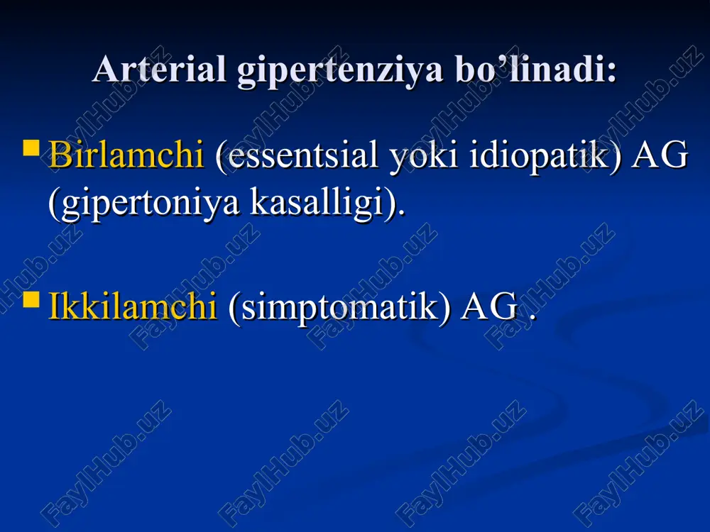 itoring tizimi. bemorni tekshiruvga tayyorlash. avtomatik monitoring tizimi yordamida olingan aqb darajasining sutkalik o'zgarishini o'lchash jadvali elektrokardiografiya a) - meyori; b) - chap qorincha gipertrofiyasi (frontal kesimda) elektrokardiografiya a) - meyori; b) - chap qorincha gipertrofiyasi (gorizontal kesimda) elektrokardiografiya chap qorincha gipertrofiyasi rentgenografiya chap old-yon proektsiyada yurak chap qorinchasi kattalashishining uch darajasi farqlanadi: rentgenografiya i daraja — chap qorincha orqa konturi umurtqa chekkasigacha boradi; ii daraja — orqa kontur umurtqa soyasiga usma-ust tushadi; iii daraja — orqa kontur umurtqa soyasi bilan to'liq kesishadi exokardiografiya chap qorincha gipertrofiyasi aniqlanadi yurak bo'shliqlarining o'lchamlari aniqlanadi chap qorinchaning sistolik faoliyati baholanadi chap qorinchaning diastolik faoliyati baholanadi chap qorincha qisqarishining regionar buzilishi aniqlanadi alohida hollarda — klapan apparati faoliyatining buzilishi, masalan, nisbiy mitral etishmovchilik aniqlanadi. ultratovush bilan chap parasternal ko'rik sxemasi (a) va gk bilan og'rigan bemor exokardiogrammasi (b). qorinchalararo to'siq (ivs) va chap qorincha orqa devori (pw) qalinlashganligi, chap qorincha bo'shlig'i (lv) ning biroz …