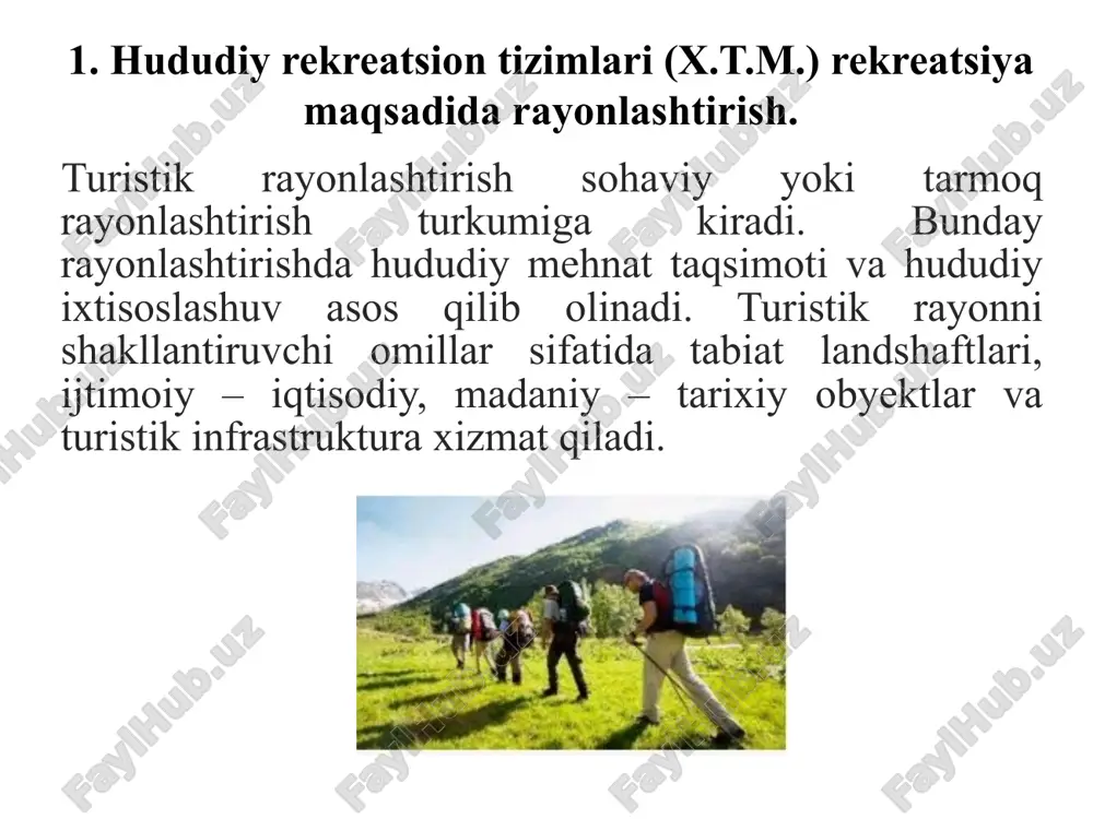 siy turizm markazlaridan hisoblanadi. bu rayonga buxoro va navoiy viloyatlari kiradi. turistik resurslarga eng boy shahar bu buxoro shahridir. shahar o’zining 170 tadan ortiq bebaho, takrorlanmas tarixiy arxitektura yodgorliklari bilan jahonga mashhur. hozirgi kunda shaharning umumiy maydoni 710 gektardan ortiq bo’lib borgan sari go’zallashib bormoqda va sayyohlar oqimining ko’payishiga imkoniyat keng ochilmoqda. janubiy turistik rayon ma’muriy jihatdan qashqadaryo va surxondaryo viloyatlaridan iborat bo’lib, tarixiy va tabiiy turistik resurslarga ega. qashqadaryo viloyati o’zining qadimiy shaharlariga ega. qadimda yirik savdo va hunarmandchilik markazi hisoblangan shahrisabz shahri amir temur qurdirgan oqsaroy ansambli ko’plab diniy ziyoratgohlarga boydir. quyi amudaryo turistik rayoni o’zbekiston respublikasining eng g’arbiy qismida, ma’muriy jihatdan xorazm viloyati va qoraqalpog’iston respublikasidan iborat. u o’zining madaniy – tarixiy obidalari, arxeologik yodgorliklari, hunarmandchiligi va san’atining o’ziga xosligi, hamda tabiiy – rekreasiya resurslari bilan boshqa hududlardan ajralib turadi. albatta bu turistik rayonning o’zagini xorazm vohasi tashkil etadi. bu voha o’zining qadimiy madaniyati, ilmu – fan …