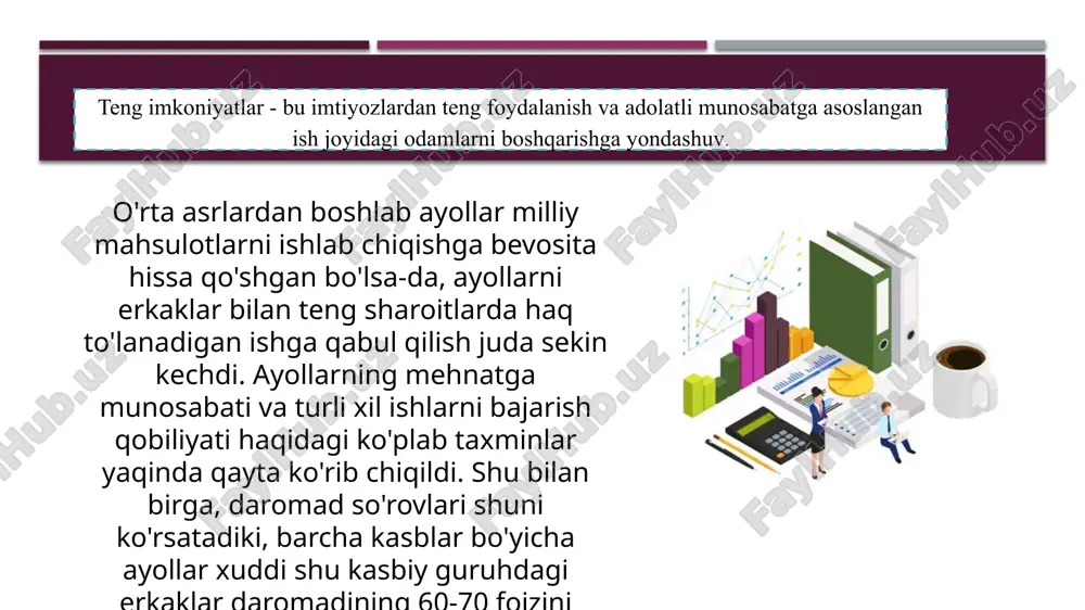 beriladigan nafaqalar: ko'proq vakillik xodimlari; odamlarni qadrlash va hurmat qilish; to'liq hissa qo'shish imkoniyati; ijodkorlikni oshirdi 3-qadam turli xillikni korporativ strategiyaga integratsiyalash korporativ qadriyatlar va missiyani diversifikatsiya qilish e’tiboringiz uchun rahmat! image1.jpeg image2.jpeg image3.png image4.png image5.png image6.png image7.jpeg image8.png image9.png image10.png image11.png /docprops/thumbnail.jpeg