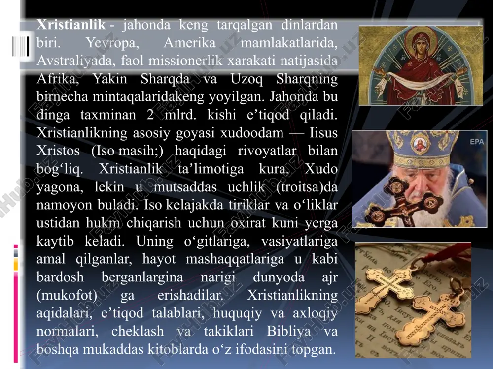 a va aqsh da keng taeqalgan. katolik ta’limoti xrtistian dinining yo’nalishlaridan biri sifatida uning asosiy aqidalarini va udumlarini tan oladi, biroq diniy ta’limotida bir qator o’ziga xos xususiyatlar bor. xristianlik dinida yana bir qator oqimlari mavjud. ular: protestantlik lyuteranlik kalvinizm kongregatsionalistlar presviterianlik batizm pratestantlik – xristianlikning yirik yo’nalishlaridan biri bo’lib u bir qator yevropa mamlakatlarida o’rta asrlar katolitsizmida vujudga kelgan reformatsiya (lot. reformatio -o’zgarish, tuzatish) va islohatchilar tomonidan bibliya g’oyalaridan chekinish, deb izohlangan jarayonlarga munosabat sifatida yuzaga kelgan. buddizm (budda nomidan olingan), buddaviylik — jahonda keng tarqalgan dinlardan biri (xristianlik va islom dini bilan birga). unga eʼtiqod qiluvchilar taxminan 500 mln.dan ortiq. miloddan avvalgi 6—5-asrlarda hindistonda paydo boʻlgan. markaziy osiyo, janubiy-sharqiy osiyo mamlakatlarida va uzoq. sharqda tarqalgan. hozirgi kunda buddizm shri lanka, myanma (birma), tailand, laos, kamboja, vyetnam, tibet, butan va yapokabi davlatlarning asosiy dinidir. buddizm muayyan tarixiy davrlarda xitoy, hindiston, koreya va indoneziyada, deyarli butun osiyo xalqlari, yaʼni jahonning …