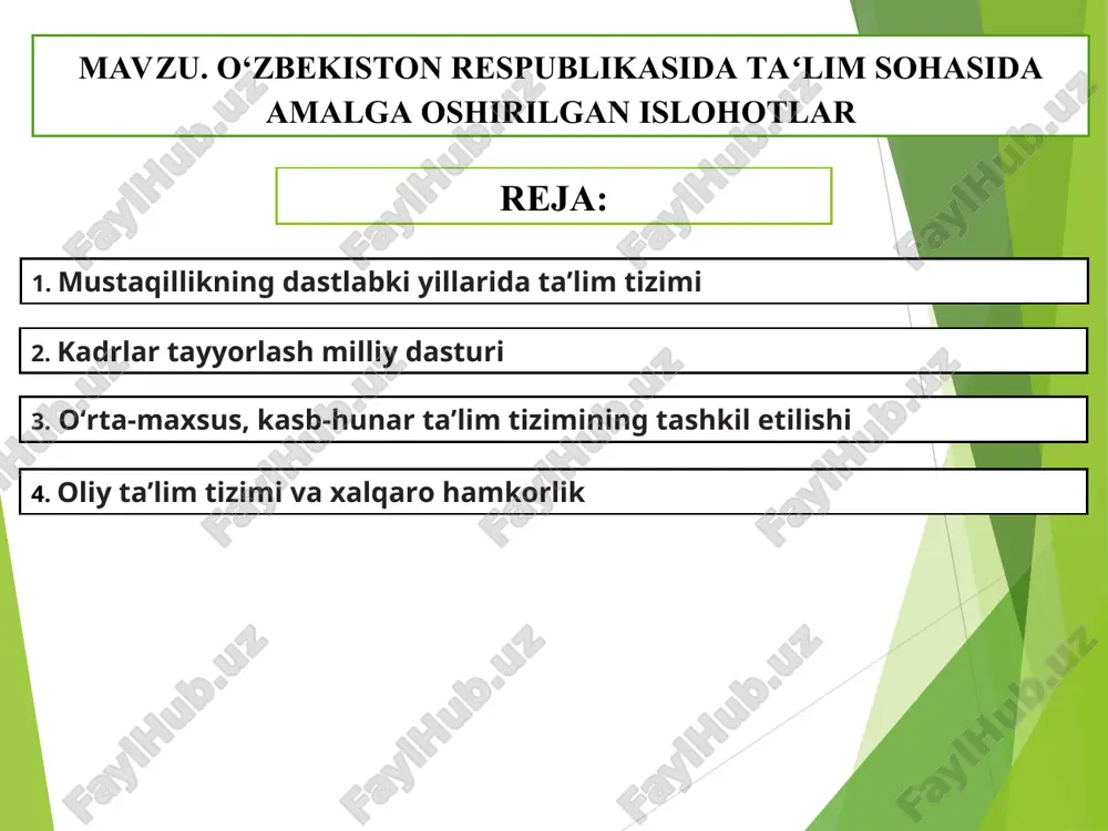 etildi. 1996- yildan ta’lim olishda shartnoma to‘lovi joriy etildi 1997-yilgi «talim to‘g‘risida»gi qonunga muvofiq 5 yillik oliy ta’limdan 4 yillik bakalavriat va 2 yillik magistratura bosqichlaridan iborat ikki pog‘onali tizimga o‘tildi mustaqillik yillarida oliy ta’lim tizimida olib borilgan izchil islohotlar natijasida mamlakatimizda bir qator chet el universitetlarining filiallari ochildi 2012-yilga qadar aspirantura (3 yil) va doktarantura (3 yil)dan iborat bo‘lib, 2012–2017-yillarda bir bosqichli doktarantura faoliyat olib bordi. 2013–2017-yillar oralig‘ida faqat 360 ga yaqin tadqiqotchi doktorlik dissertatsiyasini himoya qilgan 2017-yilning 1- iyulidan boshlab oliy o‘quv yurtidan keyingi ta’limning ikki pog‘onali tizimi joriy etildi. birinchisi – dissertatsiya himoya qilish va tegishli fan tarmog‘i bo‘yicha falsafa doktori (phd) ilmiy darajasini berishni nazarda tutuvchi tayanch doktorantura va ikkinchisi – dissertatsiya himoya qilish va tegishli fan tarmog‘i bo‘yicha fan doktori (doctor of science) ilmiy darajasini berishni nazarda tutuvchi doktorantura tizimidir prezidentning 1992-yil martdagi farmoni bilan ilmiy kadrlar tayyorlanishini tashkil etuvchi vakolatli organ – oliy attestatsiya …