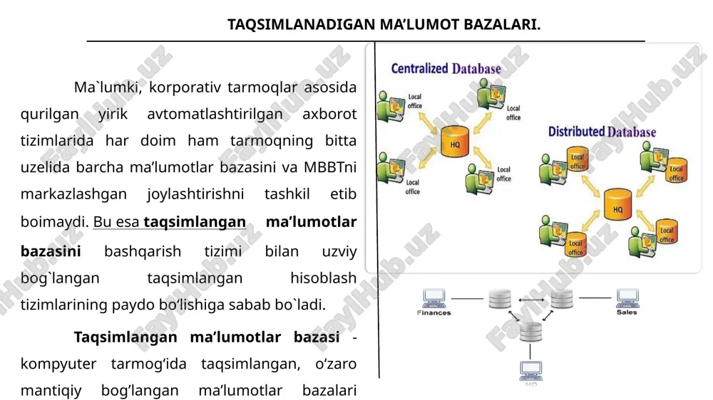 ar ustida juda katta ko'lamdagi ishlarni amalga oshiradigan dasturiy kompleksdir. oracle dasturini server va klient ko'rinishida o'rnatish mumkin va berilgan ruxsat doirasida ishlatish mumkin. ma'lumotlar bazasi – bu serverda joylashgan bir yoki bir necha fayllardan tashkil topgan, shu serverga yig'iladigan va so'rovlar orqali nazorat qilib boriladigan ma'lumotlardir. ma'lumotlar bazasi mantiqiy va jismoniy ko'rinishda bo'lishi mumkin. mantiqiy ko'rinishdagi ma'lumotlar bazasining asosini jadvallar tashkil etadi. jadvallar ustun va qatorlardan tashkil topgan bo'lib, ular birlashgan joy(yacheyka) da ma'lumotlarni saqlaydi. bu ko'rinishdagi ma'lumotlar bazasi " relyatsionnaya baza dannix " deyiladi. baza eng kamida jadvaldan tashkil topgan bo'lishi shart, bu shart ma'lumotlar bazasi mavjud bo'lishning eng minimum shartidir. oracle ma’lumotlar bazasi oraclening eng birinchi versiyasi 1977-yilda. eng oxirgi versiyasi esa 2019-yilda chiqarilgan.quyida uning rivojlanish tarixi keltirilgan oracle ma’lumotlar bazasi oracle ma’lumotlar bazasi dasturchilar tizimi uchun 4 variant taklif qilinadi standart edition enterprise edition lite personal edition standart edition oracle ma’lumotlar bazasi standart edition. bu eng …