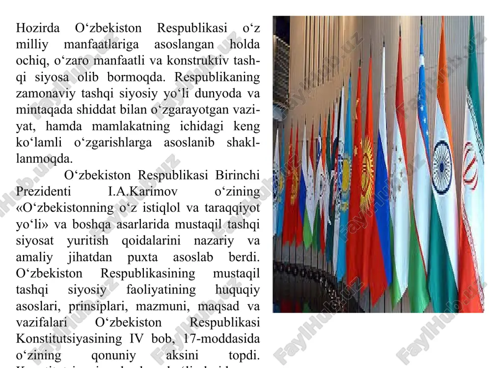 ssambluyasining sessiyalaridagi ishtiroki: 1993-yil sentabr bmt bosh assambluyasining 48-sessiyasi; 1995-yil oktabr bmt bosh assambluyasining 50-sessiyasi; 2000-yil sentabr bmt bosh assambluyasining “ming yillik sammiti”. 1992-yil 2 martda o’zbekiston bmtga a’zo bo’ldi. 1993-yil 24 avgustda bmtning toshkentdagi vakolatxonasi ochildi. shtab-kvartirasi aqsh. nyu-york a'zolari 193 a'zo davlatlar rasmiy tillari rus, xitoy, ingliz, fransuz, ispan tashkil etilgan sanasi 1945 yil 24 oktyabr bosh kotibi antoniu guterrish 2017-yil 19-sentabr kuni o‘zbekiston respublikasi prezidenti shavkat mirziyoev bmt bosh assambleyasining 72-sessiyasida ishtirok etib, oliy darajadagi yalpi majlisida nutq so‘zladi. shavkat mirziyoev o‘z nutqida «...jamiyatimizda siyosiy faollik ortib bormoqda, barcha sohalarda chuqur islohotlar amal­ga oshirilmoqda. ulardan ko‘zlangan maqsad - «inson manfaatlari hamma narsadan ustun» degan oddiy va aniq-ravshan tamoyilni amalga oshirish ustuvor ahamiyatga ega bo‘lgan demokratik davlat va adolatli jamiyat barpo etishdan iborat», - deb ta’kidlagan holda quyidagi asosiy yo‘nalishlarga jahon e’tiborini qaratishni so‘radi: o‘zbekistonda amalga oshirilayotgan is­lohotlar, ularning ma’no-mazmuni, maqsadi va ahamiyati; birlashgan millatlar tashkilotining xal­qaro munosabatlardagi …