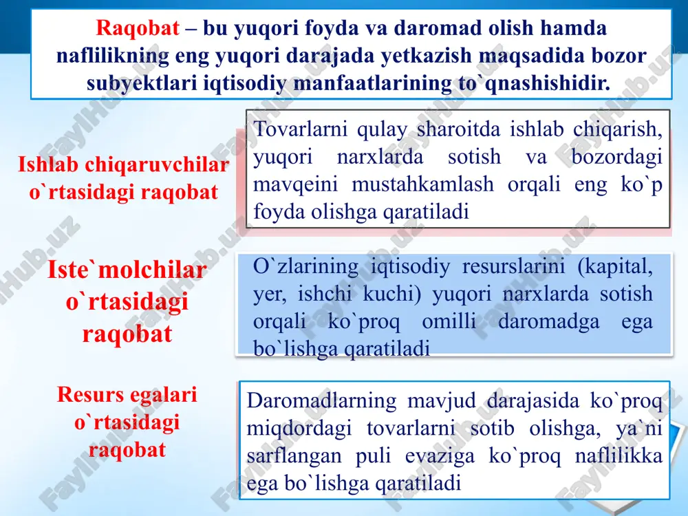 s xizmati ko`rsatish. reklama , tovar belgilari, firma muhirlari hamda qadoqlash usullari tovarlar jozibadorligini oshirish va sotish hajmining ko`payishini rag`batlantirishning muhim yo`llari hisoblanadi. marketing –uning vositasida mahsulot ishlab chiqarish va sotish jarayonini talabga moslashtirishga harakat qilinadi. 2.monopoliyalarning iqtisodiy asoslari va ularning turlari. monopoliya - monopol yuqori narxlarni o‘rnatish hamda monopol yuqori foyda olish maqsadida tarmoqlar, bozorlar va yaxlit makroiqtisodiyot ustidan hukmron- likni amalga oshiruvchi yirik korxonalar (firma, korporatsiyalar) ning birlashmalari bozorni qamrab olish darajasiga ko`ra: sof monopoliya, oligopoliya, monopsoniya farqlanadi. sof monopoliya – tarmoqdagi yagona ishlab chiqaruvchi yoki sotuvchining narx va ishlab chiqarish hajmini belgilashdagi yakka hukmronlik holati hisoblanadi. masalan: o`zbekiston havo yo`llari , toshkent aviatsita ishlab chiqarish birlashmasi. oligopoliya – tarmoqdagi bir necha yirik ishlab chiqaruvchi yoki sotuvchining narx va ishlab chiqarish hajmini belgilashdagi hukmronlik holati hisoblanadi. masalan: o`zbekistonda sement (asosan bekobod,quvasoy, ohangaron, navoiy shaharlarida joylashgan) va h.k. monopsoniya – tarmoqdagi ishlab chiqaruvchi yoki sotuvchilar soni juda ko`p bo`lib, …