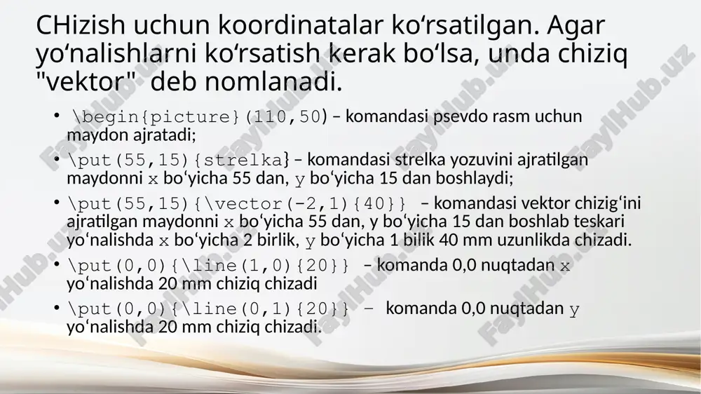 r psevdo rasm chizish \begin{picture}(50,43) bilan boshlanadigan bo‘lsa, keyin muhitni shunday boshlash kerak: \begin{wrapfigure}{0}{50\unitlength} matndan tashqari foydalanivchi chizmalarda chiziqlar, o‘qlar, aylanalar, doiralar va tasvirlar (burchaklari yumaloq to‘rtburchaklar) joylashtirishi mumkin. kesma va strelkalar satr segmentlari \line buyrug‘i yordamida aniqlanadi. segment chiqaradigan \put buyrug‘iga misol: \begin{document} \begin{picture}(100,50) \put(60,50){\line(1,-2){20}} \end{picture} \end{document} bu yerda boshlanishi (60, 50) nuqtada 100 × 50 o’lchamli chiziq chizilgan. chiziqning qiyaligi o‘rnatilgan vergul bilan ajratilgan qavs ichidagi bir juft butun son \line bilan berilgan. segmentning "qiyaligi"; bizda bu raqamlar (1, -2), ya’ni segment degani "bir birlik o‘ngga va ikkita birlik pastga" buriladi. agar ushbu raqamlar (1,0) bo’lsa gorizontal, agar (0,1) bo‘lsa, u holda vertikal segment bo‘ladi. qavsdan keyin segment kattaligi figurali qavslarda ko‘rsatilgan, unda qiya ko‘rsatilgan. ushbu o‘lcham, umuman aytganda, uning uzunligi emas, gorizontal o‘qga proeksiyasining uzunligi aylana, doira va ovallar(to‘g‘irimas doiralar) aylana \circle buyrug‘i bilan, doira (qattiq qora doira) "yulduzcha bilan" \circle* varianti bilan belgilanadi. ushbu buyruqlar faqat …