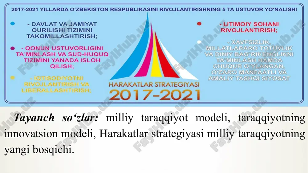 lishning ustuvor yo‘nalishlari iqtisodiyotni rivojlantirish va liberallashtirishning ustuvor yo’nalishlari ijtimoiy sohani rivojlantirishning ustuvor yo‘nalishlari xavfsizlik, millatlararo totuvlik va diniy bag‘rikenglikni ta'minlash hamda chuqur o‘ylangan, o‘zaro manfaatli va amaliy tashqi siyosat olib borish 2 3 4 5 * davlat va jamiyat qurilishi tizimini takomillashtirishning ustuvor yo‘nalishlari deputatlar senatorlar elektron parlament davlat va jamiyat qurilishi tizimini takomil-lashtirishning ustuvor yo‘nalishlari qonun ustuvorligini ta'minlash va sud-huquq tizimini yanada isloh qilishning ustuvor yo‘nalishlari oliy sud oliy xo’jalik sudi oliy sud xo’jalik sudlarini iqtisodiy sudlarga o’zgartirish iqtisodiy sud qonun ustuvorligini ta'minlash va sud-huquq tizimini yanada isloh qilishning ustuvor yo‘nalishlari «ishonch telefonlari» orqali muro;aarni qabul qilish, ko’rib chiqish tartibini belgilash ishonch telefoni «xalq qabulxonalarining umumiy qoidalarini belgilsh xalq qabulxonasi murojaatlarni ko’rib chiqish va va natijalarini e’lon qilish qonun ustuvorligini ta'minlash va sud-huquq tizimini yanada isloh qilishning ustuvor yo‘nalishlari * 2,97 mlrd $ 20 ta loyiha 3 mlrd $ 27 ta loyiha 1 mlrd $ iqtisodiyotni rivojlantirish va …