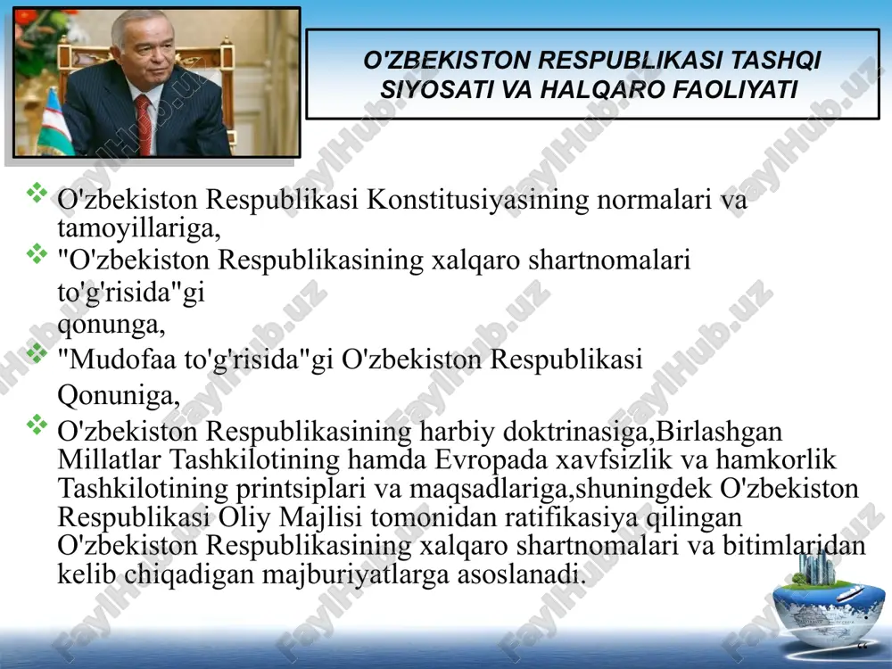 arning haqiqiy demokratik vakillik organidir. har bir a’zo davlat hududining hajmi, aholining soni, iqtisodiy va harbiy qudratidan qatyi nazar, bir ovozga ega. bosh assambleyaning muhim qarorlari ovoz berish jarayonida ishtirok etayotgan davlatlarning ko‘pchiligi tomonidan qabul qilinadi. xavfsizlik kengashi — bmtning eng muhim organi bo‘lib, 15 a’zodan iborat. ushbu a’zolarning beshtasi (aksh, buyuk britaniya, rossiya, fransiya va xitoy) doimiy, kolgan o‘ntasi nodoimiy bo‘lib, ular saylanadilar. iqtisodiy va ijtimoiy kengash (ekosos) xalqaro iqtisodiy va ijtimoiy hamkorlik masalalariga doir faoliyatni olib boradi. ekosos 54 a’zodan iborat bo‘lib, ular bosh assambleya tomonidan uch muddatga saylanadilar va har yili vakolatlari tugagan 18 a’zoning o‘rniga yangilari saylab boriladi. jahon sog‘liqni saqlash tashkiloti. 1946 yilda tashkil etilgan bo‘lib, qarorgoxi jeneva shaxrida. uning asosiy faoliyat sohadari yukumli kasalliklarga qarshi ko‘rash, karantin va sanitariya qoidalarini ishlab chiqish va ijtimoiy xarakterdagi masalalardir. xalqaro sog‘liqni saqlash tashkiloti sog‘liqni saqlash tizimlari ishlarini tashkil etishda, samaradorligini oshirishda, kadrlar tayyorlash va kasalliklarga qarshi ko‘rashda …