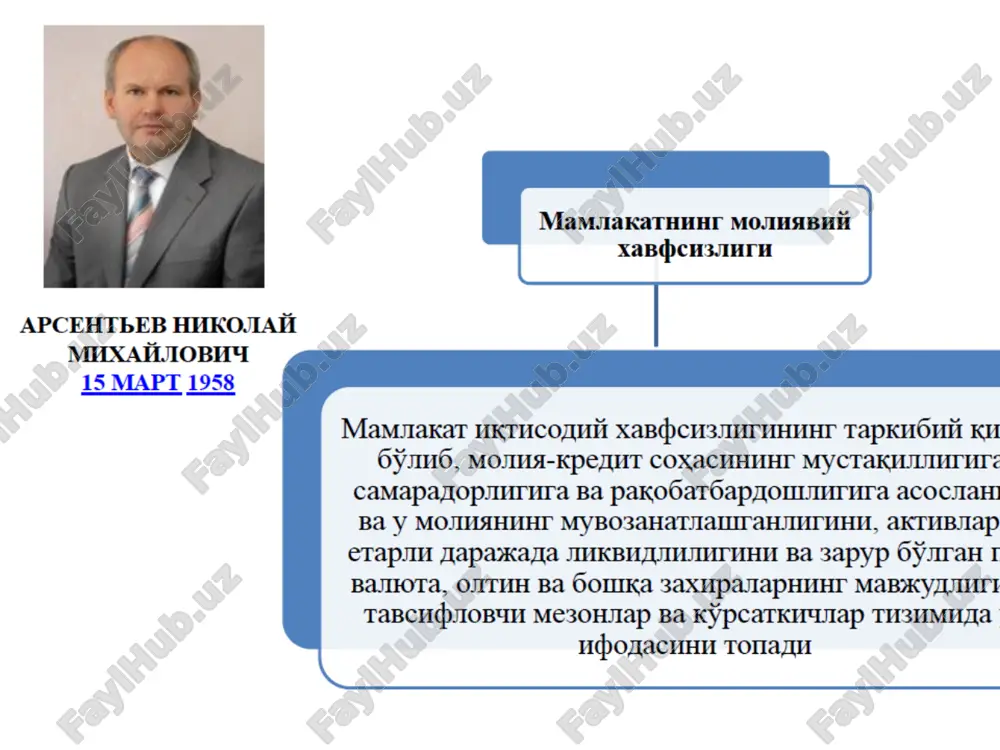diyatlar, mo- liyaviy munosabatlarni tartibga solishdagi uzilish va kamchiliklar; - pul-kredit tuzilmalarini tashkil etish va ularni tugatishga bo'lgan talablar hamda xo'jalik sub'ektlari bilan o'zaro munosabatlari tartib-qoidalarining etar- li darajada takomillashmaganligi; - dastlabki bank kapitali manbai qoiuniyligini huquqiy jihatdan nazorat qilishning mavjud emasligi; - jinoiy yo'llar bilan topilgan mablag'larni legal- lashtirishga to'sqinlik qiluvchi mexanizmning mavjud emasligi; - banklar o'rtasidagi o'zaro hisob-kitoblarning ta- komillashmaganligi. moliya sohasida xavfsizlikni ta'minlash talablari 5. moliya, pul-kredit tizimida iqtisodiy xavfsizlikni ta'minlash dastaklari zaruriy rekvizitlarni, ya'ni hujjatlar uchun qonun, amaldagi tartib-qoidalarga muvofiq majburiy ma'lumotlar bo'lishini belgilash muhr va shtamplarning aniq bo'lishi mansabdar shaxslar imzasining mosligi barcha hujjatlar sinchiklab o'rganilishi, tahlil qilinishi, tekshirilishi moliya-kredit sohasida banklar xavfsizligini ta'minlashning tashkiliy-boshqarish chora-tadbirlarini amalga oshirish muhim ahamiyat kasb etadi. ular quyidagilarni o'z ichiga oladi: banklarning manfaat va xuquqlarini konushsh himoya qilish; bankka iqtisodiy shgtionaj, tashkiliy jinoiy guruh vakillarining kirib olishiga yo'l qo'ymaslik; sheriklarni, mijoz va raqobatchilarshg urganish; bank bilan bog'liq vaziyatlarni tavsiflovchi …