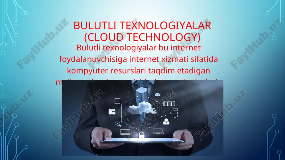 windows embedded kompaniyasi bosh menenjeri kevin dallas fikriga ko‘ra, buyumlar interneti g‘oyasi ko‘p yillardan buyon mavjud bo’lgan, ammo bunday tarmoqni amalga oshirilmaganligiga sabab -birgina bo‘g‘inning, ya’ni, bulutli texnologiyaning yaratilmaganligi edi. «bulutlar texnologiyasi» ning asosiy modellari dasturiy ta’minot sifatida dastur bulut infratuzilmasida ishlaydigan iste’molchi-provayder ilovalariga taqdim etiladi. platform xizmat sifatida iste’molchiga provayder tomonidan qo’llab-quvvatlanadigan asboblar va dasturlash tillari yordamida ishlab chiqilgan xaridorlar tomonidan yaratilgan yoki xarid qilingan ilovalarning bulut infratuzilmasiga joylashtirish uchun uskunalar taqdim etiladi. infratuzilma xizmat sifatida iste'molchi axborot uzatish, saqlash, tarmoqlar va boshqa asosiy hisoblash resurslari bilan ta'minlangan bo'lib, iste'molchi operatsion tizimlar va ilovalarni o'z ichiga olgan o'zboshimchalik bilan dasturiy ta'minotni ishlatishi va ishlatishi mumkin. . bulutli xizmat ko'rsatish modeli modelning tavsifii modelning maqsadi iaas server, tarmoq, saqlash manbalari ushbu model platformalarni moslashuvchan va tezkor ravishda qayta konfiguratsiya qilishga imkon beradi. amalga oshirilgan misol - amazonpaas boshqarish interfeysidan bulutli xizmat paas iaas-ni ilovalardan boshqarish interfeysi model sizga bulutni amaliy …
