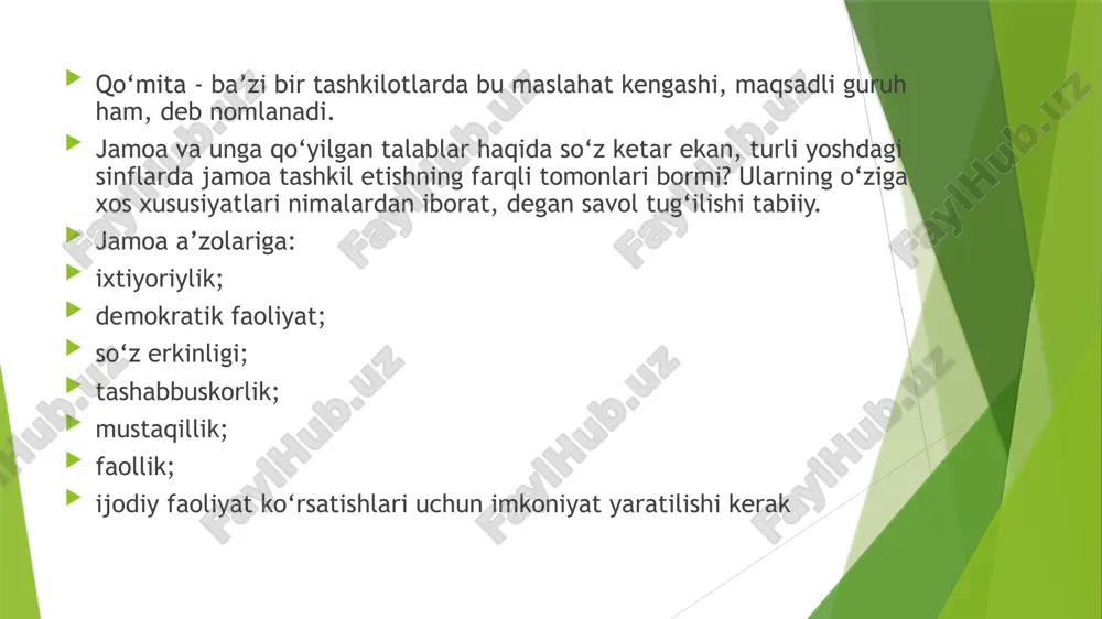 bolalami mehnatsevarlik, tejamkorlik va tartib-intizomga o‘rgatadi sinfdagi faollami aniqlash. sinf rahbari dastlabki kunlarda-noq o‘quvchilami jamoat topshiriqlari orqali kuzatib boradi. ular ichidan faol bolalami tanlab oladi. shunday ongli, tashabbuskor, tashkilotchi, a’lochi o‘quvchilardan sinf faollarini saylaydi. jamoat ishini faqat faollar zimmasiga emas, balki barcha o‘quvchilar orasida taqsimlash maqsadga muvofiqdir. o‘quvchilami istiqbolga chorlash. istiqbol - bu yorqin, qiziqarli va quvonchli voqealar manzilidir. sinfda yorqin va jozibador istiqbollaming bo‘lmasligi, bu jamoada bir xillik va zerikarli holat- lami keltirib chiqaradi. 3. o‘quvchilar jamoasining shakllanish bosqichlari. jamoaning vujudga kelish uchun to‘rt bosqich zarur. jamoaning shakllanish bosqichlarida dastlab o‘qituvchi butun guruhga talab qo‘yadi hamda mazkur jarayonda jamoa faollarining shakllanishiga alohida e’tibor qaratadi. navbatdagi bosqichda muayyan darajada shakllangan jamoa faollari (aktivi) jamoa a’zolari oldiga ma’lum talablarni qo‘yadi. uchinchi bosqichda esa jamoa umumiy holda jamoaning har a’zosidan muayyan tarzdagi faoliyatni olib borishni talab qiladi. so‘nggi (to‘rtinchi) bosqichda esa jamoaning har bir a’zosi o‘z oldiga mustaqil ravishda jamoa manfaatlarini ifoda …