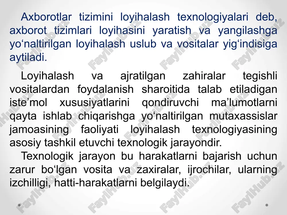 lla. loyihalashtirishdan oldingi tadqiq qilish: 1-bosqich - loyihalashtirish uchun materiallarni yig‘ish, talablarni shakllantirish, loyihalashtirish obyektini o‘rganish, tizim konsepsiyasi variantini ishlab chiqish va tanlash; 2-bosqich – materiallarni tahlil qilish va hujjatlarni shakllantirish. ii palla. loyihalashtirish: 1-bosqich – texnik loyihalashtirish; 2-bosqich – ishchi loyihalashtirish. loyihalashtirishning asosiy pallalari va bosqichlarida bajariladigan bajariladigan ishlar: iii palla. tizimni ishga tushirish: 1-bosqich – texnik vositalarni o‘rganish va foydalanishga kiritish, ma’lumotlar bazalarini ish bilan toliq ta’minlash hamda dasturlardan tajribali foydalanish, xodimlarni o‘qitish; 2-bosqich – tizimning barcha tarkibiy qismlarini sanoat foydalanishiga topshirishdan oldin tajriba sinovlari o‘tkazish, xodimlarni o‘qitish; 3-bosqich – (aatva aatexning yakunlovchi bosqichi) sanoat foydalanishiga topshirish. iv palla. sanoat foydalanishi: 1-bosqich – kundalik faoliyat yuritishdan tashqari, o‘z ichiga dastiriy vositalar va butun loyihani birga borishini, ma’lumotlar bazalari tezkor xizmat ko‘rsatishi va idora qilinishi texnik - iqtisodiy baholash muhimligini muhokamasi, axborot yig‘ish vositalari. loyihani boshqarish rejalashtirish jarayoni, tizim rivojlanish jarayoni faoliyatini nazorat qilishni o‘zida aks ettiradi. loyihani boshqarishning …