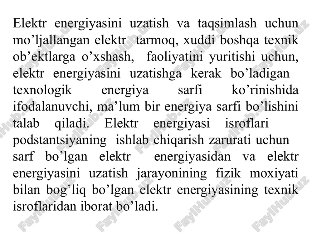 roflari hisobining usullari elektr energiyasi isroflarini hisobining xarakterli sutkalik rejimlar usuli. bu usulda hisobiy t davr ichidagi xarakterli sutkalar ajratib olinadi. tanlab olingan sutkalar uchun yuklama grafiklari ishlab chiqiladi, har bir grafik pog’onalarida yuklama doimiy deb qabul qilinadi. u xolda mos xarakterli sutkalar uchun elektr energiyasi isroflari miqdorini quyidagi ifoda bilan aniqlanadi: δ w x = =3r = bu erda: i – i-grafik pog’onasidagi elektr tarmoq elementidan o’tayotgan tok kattaligi; si – i-yuklama grafigi pog’onasidagi quvvat kattaligi; ti - – i-grafik pog’onasining davomiyligi; n –sutkalik grafikning pog’onalari soni xarakterli sutkalar sifatida ishchi sutkalar, dam olish kunlar, qishki, yozgi sutkalar olinadi, ya’ni sutkalar soni 8 bo’lsa, uxolda m = 8 bo’ladi. taxminiy hisoblarda odatda xarakterli yozgi va qishki sutkalar soni olinadi. u xolda elektr energiyasi isroflari quyidagi ifoda bilan aniqlanadi: δw = δwznz + δwlnl, bu erda: δwq, δwyo –xarakterli qishki va yozgi sutkalardagi elektr energiyasi isroflari miqdorlari; nq, nyo – …