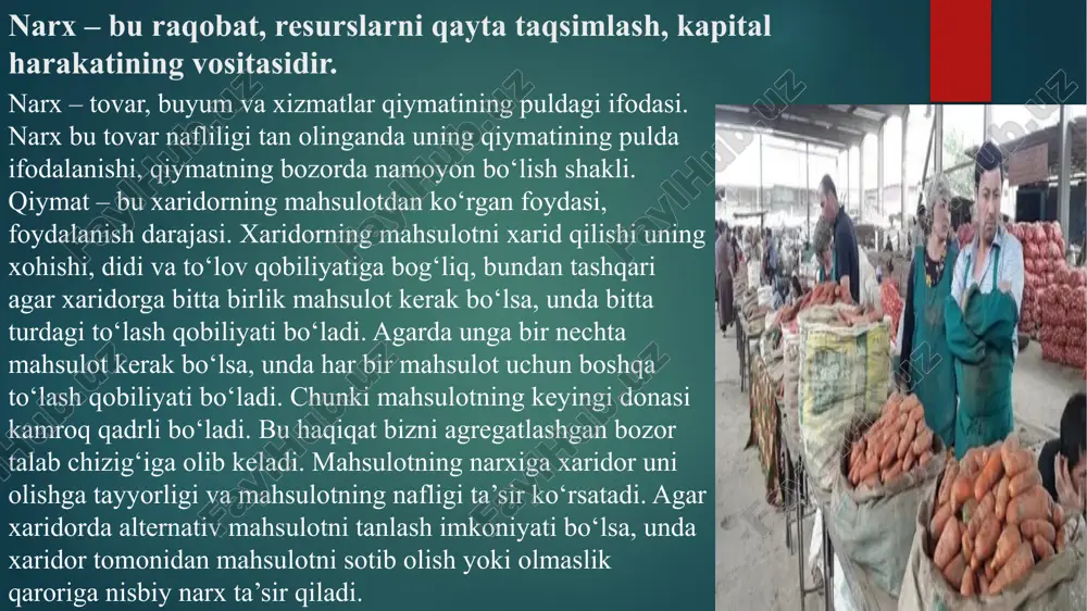 adi. shunisi ham muhimki, narxlar mexanizmi ishlab chiqarilayotgan mahsulot miqdorini ko‘paytirishgina emas, ishlab chiqarishning eng tejamli usullarini ishlashni ham rag‘batlantiradi. poyafzal ishlab chiqaruvchilarning daromadi sotishdan tushgan pul bilan ishlab chiqarish xarajatlari o‘rtasidagi tafovutdan iborat bo‘lganligi sababli eng kam xarajat qilgan holda mahsulot ishlab chiqarish ular uchun foydali bo‘ladi. poyafzal ishlab chiqarishda foydalaniladigan charmning biron xili borgan sayin kamyob va qimmat bo‘lib boradi, deb faraz qilaylik. bu hol uni tejashga va uni o‘rnini bosa oladigan arzonroq materialni izlashga rag‘batlantiradi. narxlarni quyidagi belgilar orqali turkumlash mumkin: a) savdo sohasi bilan bog‘liq narxlar turlari: – ulgurji – chakana – xarid va boshqalar. b) boshqarish darajasi va usullari jihatidan farq qiluvchi hamda davlat tomonidan tartibga solinish darajasiga qarab narxlar: – tartibga solinadigan (boshqarilib, o‘zgarib turadigan) narxlar – erkin narxlar qat’iy belgilangan, tasdiqlangan narxlar c) narxning boshqa xillari (masalan, bozor narxi, xalqaro narxlar va h.k.). tartibga solinadigan narxlar – talab va taklifning o‘zgarishi ta’siri ostida …