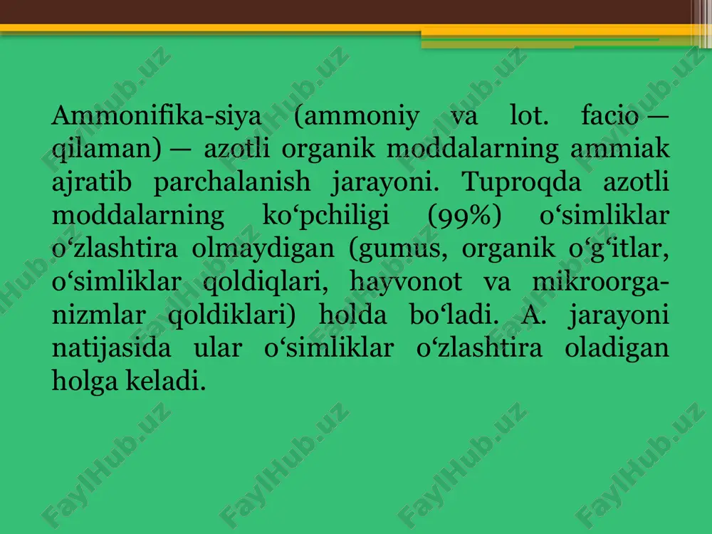 ⁻ → no₃⁻ ga aylanadi. denitrifikatsiya – no₃⁻ yana n₂ gaziga aylanib, atmosferaga chiqadi. 17 18 n2 tibbiyotda suyuq azot ammiak sintezi o'g'it ishlab chiqarish azot kislota sintezi inert muhitni yaratish 19 20 dars uchun rahmat! 21 image2.png image3.jpeg image4.png image5.jpeg /docprops/thumbnail.jpeg