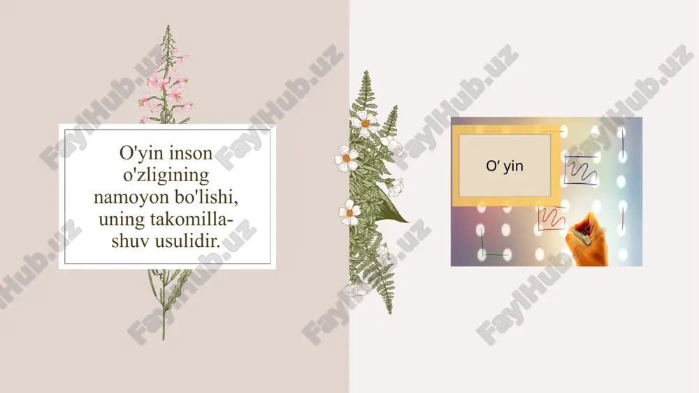va mazmunining bola tarbiyasiga muvofiqligi, jamiyatimiz g'oyasi nuqtayi nazariga mos kelishi, g'oyaviy jihatdan qimmatli bo'lishi bu o’yinchoqlarga qo’yilgan pedagogik talabdir. o'yinchoq qanday materialdan va rangdan tayyorlanganligi, bolaning hayotiga hech qanday xavf solmasligi, yaxshi tozalanishi mumkinligidir.bu yondashuv o‘yinchoqlarga qo’yilgan gigiyenik talabdir. zagolovok prezentatsii 17 shakl, bo'yoq va bezaklarning har tomonlama uyg'unlashuvi, bir-birini rang va shakl jihatdan to'ldirib, ta'kidlab, o'yinchoqning badiiy ifodaliligini oshiradi. bu yondashuv o‘yinchoqlarga qo’yilgan badiiy talabdir. texnika o'yinchoqlar bolalarda texnikaga va texnika asboblariga bo'lgan qiziqishni uyg'otib, ularni o'z o'yinlarida qo'llay olish imkonini yaratadi. uyqudan keyingi o'yin kichik guruhda – 45 daqiqa o'rta guruhda 1 soat katta guruhda – 1-soat zagolovok prezentatsii 18 tayyorlov guruhida -1,5 soat katta va tayyorlov guruhida kitoblarni bir necha kun davomida o'qib berish ham rejalashtiriladi. diqqat bilan eshitganlarga katta rahmat! image5.png image6.png image3.png image7.png image9.png image10.png image14.png image15.png image1.png image2.png image4.png image8.png image16.png image17.png image18.png image11.png image12.png