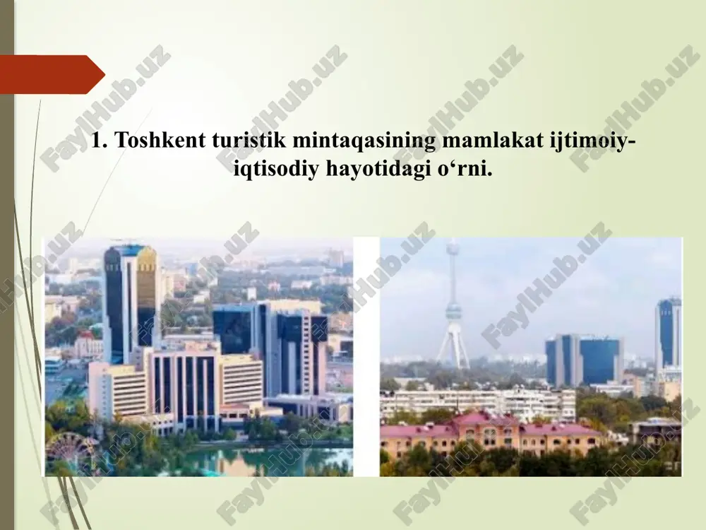 otlardan foydalanishga ruxsat berilmaydi. ekoturlar oldindan belgilab berilgan kichik yo’lakchalar orkali, kam sonli turistik guruhchalarga bo’lingan tarzda, yilning hayvonot olamini urchimaydigan va ko’paymaydigan davrlarida piyoda va otlarda aylanish maqsadga muvofiqdir. toshkent turistik rayonda ko’kaldosh madrasasi, kaffol shoshiy maqbarasi, hazrati imom arxitektura majmuasi, abulqosim madrasasi, baroqxon madrasasi, jome’ masjidi, amir temur muzeyi va xiyoboni, mustaqillik maydoni, xalqlar do’stligi maydoni, jasorat monumenti, xasti imom maydoni, tilla shayx masjidi, xadra maydoni, so’fi ota maqbarasi mavjud. toshkent shahri toshkent zamonaviy megapolis toshkent-o’zbekistonning poytaxti va shu bilan birga markaziy osiyodagi eng yirik shaxardir.ko’p yillar davomida toshkent butun dunyodan sayyohlar va ishbilarmonlarni jalb qiladigan mamlakatning eng muhim biznes va madaniy markazi bo’lil kelgan. toshkent botanika bog’i toshkent botanika bog’i mdh hududidagi eng kata va eng qadimiy tabiiy bog’lardan biri.bugungi kunda 67 gektarlik zamonaviy bog’ maydoni poytaxtning shimoliy qismidagi turar joy hududida joylashgan.bu yerda yana hayvonot bog’i ham bor.botanika bog’i yilning istalgan vaqtida juda go’zaldir.bog’ning betakror iqlimi …