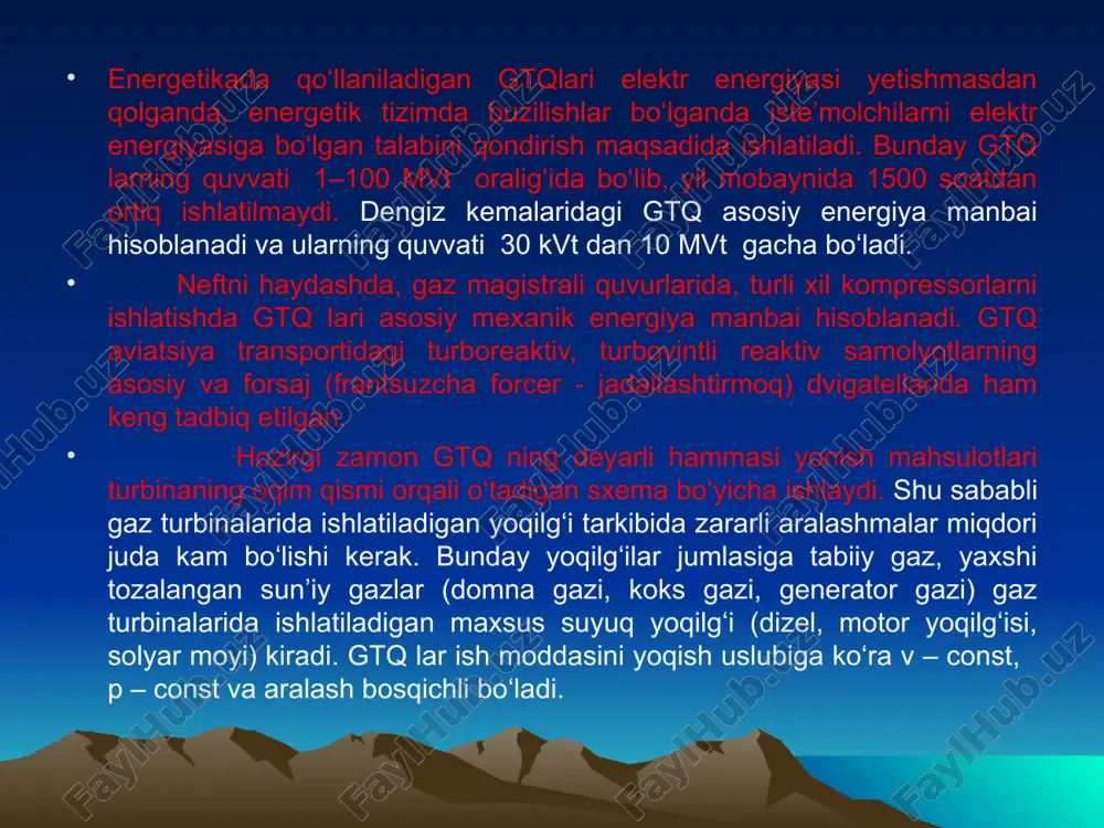 mik tadqiqotida quyidagi kattaliklar aniqlanadi: siklga keltirilgan va olib ketilgan issiqlik miqdori; ishchi jismning siklning xarakterli nuqtalaridagi asosiy parametrlari; siklning termik f.i.k. har qanday ichki yonuv dvigateli siklini tasvirlovchi kattaliklar quyidagilardir: siqish darajasi: bu kattalik ishchi jismning boshlang‘ich solishtirma hajmini siqish oxiridagi solishtirma hajmiga nisbatini ifodalaydi; bosimni oshish darajasi: bu kattalik izoxor issiqlik keltirish jarayonidagi boshlang‘ich va oxirgi bosimlar nisbatini ko‘rsatadi; dastlabki kengayish yoki izobar kengayish darajasi: bu kattalik izobar issiqlik keltirish jarayonidagi bosimni va oxirgi hajmlar nisbatini ko‘rsatadi. 3.bug’ turbina qurilmalari va reaktiv dvigatellar. bug‘ning issiqlik energiyasini bosqichma-bosqich mexanik energiyaga aylantirib beruvchi issiqlik mashinasi bug‘ turbinasi deyiladi. hozirgi paytda bug‘ turbinasi zamonaviy yirik elektr stantsiyalarining yagona dvigateli hisoblanadi. italiyalik olim d.branko bug‘ turbinasi modeliga hos bo‘lgan bug‘ g‘ildiragini 1629 yilda yaratgan, unda bug‘ oqimining kinetik energiyasi uyg‘otgan impulps kurakli gildirakni aylantirishga sarflangan. quvvati 4,4 kvt bo‘lgan birinchi bug‘ turbinasini (reaktiv turbina) 1885 yili ingliz muxandisi parsons yaratdi, 1913 yilda …