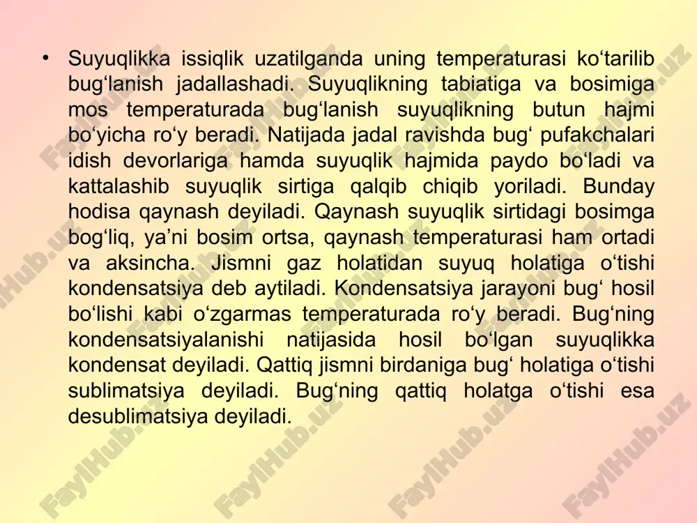 3. nam, to’yingan, quruq va o’ta qizigan bug’. t-s, h-s diagrammalar. suv bug‘ining pv – diagrammasini ko‘rib chiqamiz (1-rasm). 1-rasm. bug‘ hosil bo‘lishining pv – va ts-diagrammalari silindrda temperaturasi 0s va bosimi p1 bo‘lgan 1 kg suv turgan bo‘lsin (pv – diagrammada 1-nuqta). suvga issiqlik uzatish natijasida u isiydi va kengayadi. jarayon bosimi p1 ga mos bo‘lgan qaynash temperaturasi t=t1 da suv qaynaydi va bug‘ hosil bo‘lish boshlanadi (2-nuqta). suv va bug‘ning holatlarining o‘zgarishini pv- va ts – diagrammalarda belgilab boramiz. o‘ta qizigan bug‘ni p=const da hosil bo‘lish jarayoni ketma-ket keladigan uchta fizik jarayondan iborat: suyuqlikni to‘yinish temperaturasigacha (tt) isitish; tt = const da bug‘ hosil bo‘lishi; bug‘ni o‘ta qizdirish va buning natijasida uning temperaturasini ko‘tarilishi. 2-nuqtada porshen ostida 1–fazali tizim, ya’ni suv bo‘ladi. tashqaridan beriladigan issiqlik miqdori ortib borgan sayin temperatura o‘zgarmaydi, bug‘ning miqdori ortib, suvniki kamayadi (3-nuqtagacha). 2-3 jarayonda quruq bug‘ va suyuqlikdan iborat nam to‘yingan bug‘ hosil …