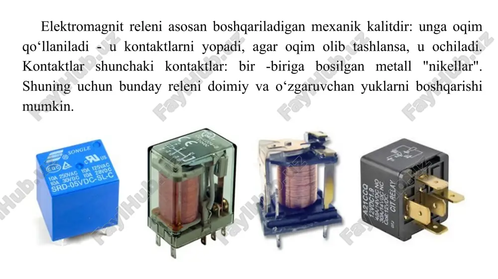 iladigan kalit, bu arduino signalidan so‘ng, ikkita kontur orasidagi o‘rta kontaktni o‘zgartiradi va shu bilan sxemani ochadi yoki yopadi. arduinoga ulanish uchun 3 ta pin ishlatiladi: ikkita quvvat pini (5v va gnd) va bortdagi raqamli pinga ulanadigan boshqaruv pini (masalan, pin raqami 3). relening boshqa tomonida yana uchta kontakt bor, lekin yukni ulash uchun (masalan, lampochka) - ikkitasi lampochkaning boshqaruv kontaktlarini ulaydi, ikkinchisi esa bo‘sh qoladi (releni ichida) , u yerga ulangan). shuning uchun, rele yoqilganda, com (umumiy) va nc (odatda yopiq) kontaktlari yopiladi va chiroq yonadi va rele o‘chirilganda boshqa kontaktlar yopiladi - com (umumiy) va no (odatda ochiq) ). lampochkaning kontaktlari 220v tarmoqqa ulangan bo‘lishi kerakligini unutmang. modelni yig‘ish uchun bizga quyidagilar kerak: arduino uno / arduino nano / arduino mega platasi; panel; 1 ta rele; 220 voltli 1 lampochka; quvvat manbai 220 volt; papa-papa va papa-mama simlari. modelning arduinoga ulanish sxemasi quyidagicha: mustaqil ishlash uchun topshiriqlar: 1. …