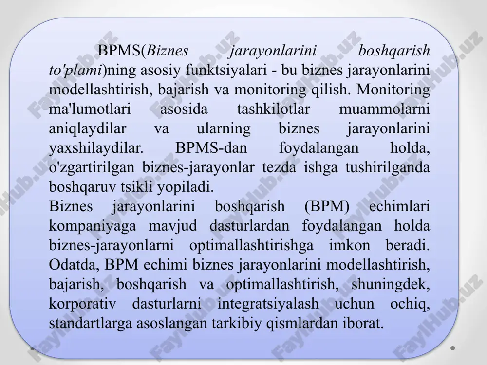 tlashtirish printsipi. avtomatlashtirish - bu ilmiy-texnik taraqqiyotning yo'nalishlaridan biri bo'lib, o'z-o'zini tartibga soluvchi texnik vositalar, iqtisodiy-matematik usullar va boshqarish tizimlaridan foydalanishni, odamlarni energiya, materiallar yoki ma'lumotlarni olish, konvertatsiya qilish, uzatish va ulardan foydalanish jarayonlarida ishtirok etishdan xalos qiladi. operatsiyalar. 5. optimallik printsipi (natijalar va xarajatlarni taqqoslash) shundan iboratki, biznes-jarayonni amalga oshirish samaradorligini baholash uni amalga oshirish samaradorligi va xarajatlarini taqqoslash orqali amalga oshirilishi kerak. 6. o'zgarish printsipi shundan iboratki, biznes jarayonini amalga oshirish bilan bog'liq bo'lgan muayyan qarorlarni qabul qilishda ushbu maqsadga erishishning turli usullari ko'rib chiqilishi kerak. 7. muqobillarni taqqoslash printsipi. biznes-jarayonlarni loyihalashda eng yaxshi echimlarni tanlashda ko'pincha mavjud alternativlarning nomutanosibligiga duch kelish mumkin, chunki bu jarayonlar turli ishlab chiqarish sharoitlarida yuz berishi mumkin, davlat buyurtmalari mavjud va hokazo. 8. noaniqliklarni hisobga olish printsipi biznes jarayonini amalga oshirishda qaror qabul qilish xavfini kamaytirishi mumkin. . 9 biznes-jarayonlarni boshqarish tizimining asosiy modullari: grafik modellashtirish moduli. modul tahlilchiga jarayonni ish jarayoni, …