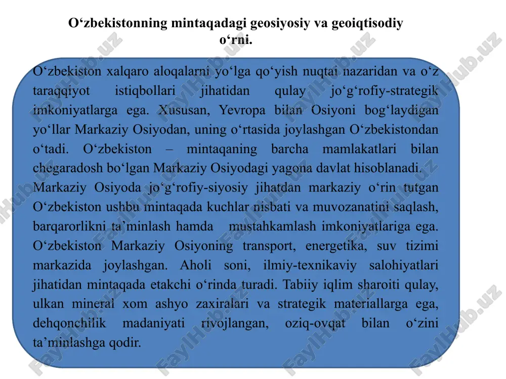 g xavfsizlik va ekologik inqiroz kabi dolzarb muammolariga e’tibor qaratdi. o‘zbekiston rahbarining tashabbusi bilan bmt afg‘oniston va markaziy osiyoning xavfsizlik masalalarini tinch yo‘l bilan hal qilishga qaratilgan bir qator qarorlar qabul qildi. 1993 yilda o‘zbekiston prezidenti i.a.karimov bmt bosh assambleyasining 48-sessiyasida so‘zga chiqib, markaziy osiyoni yadrosiz zona deb e’lon qilishni taklif qildi. ushbu taklif qozog‘iston, qirg‘iziston, turkmaniston, tojikiston va boshqa mamlakatlar tomonidan to‘liq qo‘llab-quvvatlandi. “markaziy osiyo - yadro qurolidan xoli zona” 1993 yil o‘zbekiston respublikasi birinchi prezidenti islom karimov bmt bosh assombleyasining 48-sessiyasida so‘zlagan nutqida markaziy osiyoni yadrosiz zona, deb e'lon qilish tashabbusini ilgari surdi. «hozirgi zamon voqeligi shundayki, bir mamlakatning xavfsizligi boshqa davlat hisobidan ta'minlanishi mumkin emas, mintaqa xavfsizligini butun jahon xavfsizligi muammolaridan ajratgan holda ko‘rib bo‘lmaydi. shunga asoslanib, o‘zbekiston yadro qurolining batamom tugatilishi uchun, yadro qurolini tarqatmaslik to‘g‘risidagi shartnomaning samarali harakat qilishi va uning hech bir muddatsiz uzaytirilishi uchun harakat qiladi. o‘zbekiston markaziy osiyo mintaqasining yadrosiz zona, deb …