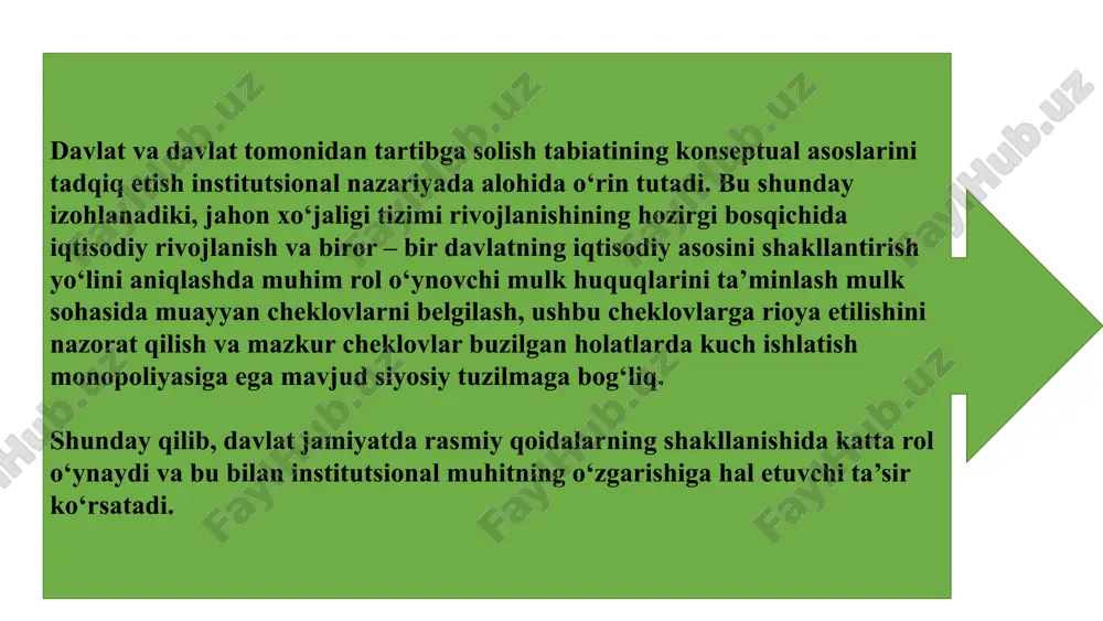 onunlarni amalga oshirish, jamiyat manfaatlarini himoya qilish, o'z faoliyatini boshqarish, xodimlarni ishga olish va boshqa huquqlarga ega. majburiyatlar davlat institutsional tashkiloti qonunlarga rioya qilish, fuqarolar huquq va erkinliklarini himoya qilish, o'z faoliyatini shaffof va hisobdorlikka asoslangan holda amalga oshirish, xizmat sifatini yaxshilash va boshqa majburiyatlarni bajarishga majburdir. 7 davlat institutsional tashkilotlarining moliyaviy ta'minoti davlat institutsional tashkiloti moliyaviy ta'minoti davlat byudjeti va boshqa moliyaviy manbalar hisobidan amalga oshiriladi. byudjet davlat byudjetidagi ajratmalar grantlar xorijiy davlatlar va tashkilotlardan olingan grantlar xizmatlar taqdim etilayotgan xizmatlar uchun to'lovlar investitsiyalar davlat va xususiy investitsiyalar 8 davlat institutsional tashkilotlarining kadrlar siyosati davlat institutsional tashkiloti kadrlar siyosati tashkilotning samarali faoliyatini ta'minlash uchun zarur bo'lgan malakali va tajribali xodimlarni jalb qilish va o'qitishga qaratilgan. 1 xodimlarni tanlash malakali va tajribali xodimlarni tanlash uchun aniq mezonlar va tanlov jarayonlari qo'llaniladi. 2 o'qitish va rivojlantirish xodimlarni o'qitish va malakasini oshirish dasturlari ularning professional darajasini oshirish va tashkilotning ehtiyojlariga moslashtirishga qaratilgan. …