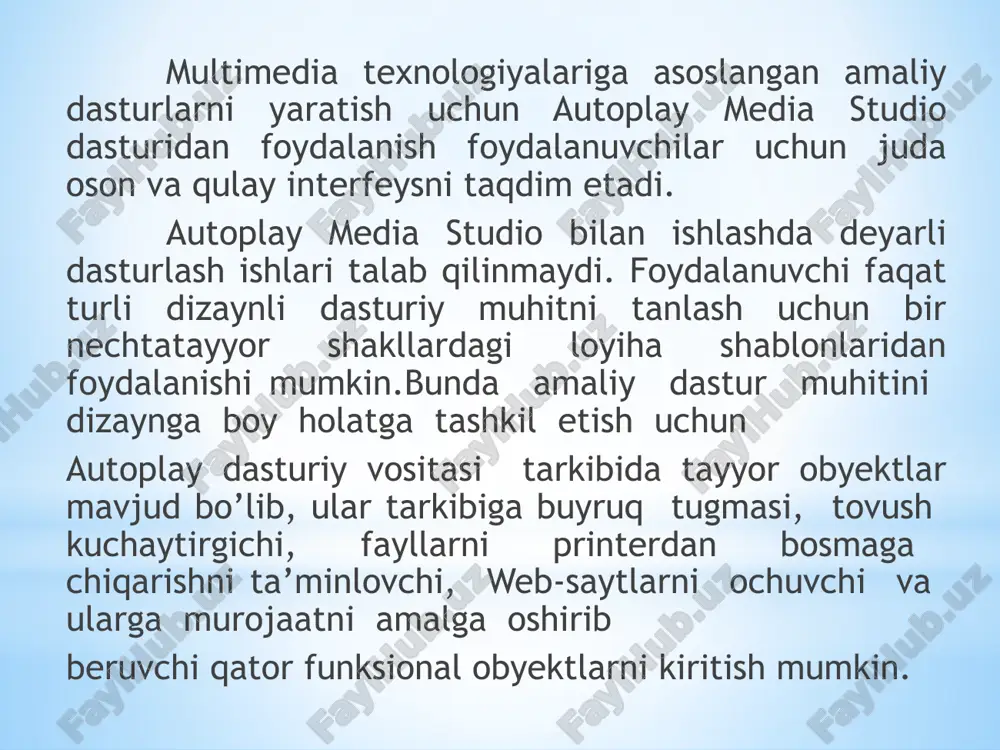 lan bog’liq bir nechta buyruqlarni o’z ichiga oluvchi muloqot oynasi yuzaga keladi: bu muloqot oynasida quyidagi to’rtta taklif ilgari surilgan bo’ladi: 1) create a new project (yangfi loyiha yaratish); 2) open an existing project (yaratilgan loyihalardan birini ochish); 3) restore last open project (oxirgi ishlangan loyihani ochish); 4) exit autoplay media studio (dasturdan chiqish). autoplay dastur oynasi quyidagi tuzilmaga ega : 1. dastur oynasining darlavha satri. 2. dastur oynasining menyu satri. 3. instrumentlar paneli satri. 4. project explorer muloqot oynasi. 5. properties muloqot oynasi. 6. holat satri. autoplay dasturi muhitida 6 ta instrumentlar panelidan foydalanish mumkin bo’lib, ular quyidagilardan iborat [11]: 1. standard; 2. objects; 3. advanged objects; 4. common; image1.png image2.png image3.png image4.png image5.png /docprops/thumbnail.jpeg