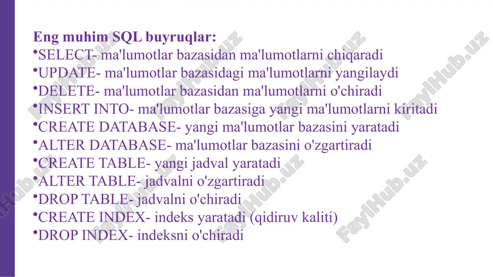adi. sql upper funktsiyasining sintaksisi: 14 1 select lower (expression) from source sql lower funktsiyasi sql upper funksiyasiga qarama-qarshi ishlaydi. belgilangan matn yoki ifoda uchun katta harflarni kichik harflarga aylantiradi. sql lower funktsiyasining sintaksisi select lower (expression) from source 15 thank you lorem ipsum dolor sit amet, consectetur adipiscing elit, sed do eiusmod tempor incididunt ut labore et dolore www.reallygreatsite.com image1.jpeg image2.png image3.svg image3.jpeg image4.png image5.png image6.png image7.png image8.png image9.png image10.png image11.jpeg image12.png image44.svg /docprops/thumbnail.jpeg