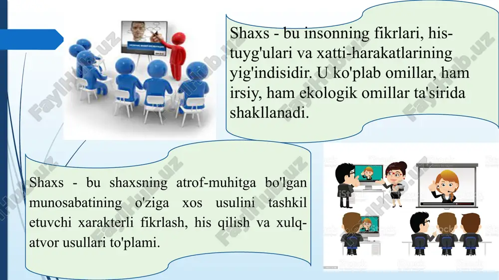 uyg'ularini xafa qilishi mumkin koordinator (rais) barcha variantlarni ko'radi, to'g'ri baholaydi haydovchilik va boshqalarni ilhomlantirish qobiliyatining etishmasligi, haddan tashqari tanqidiy yetuk, ishonchli, yaxshi rais tinglaydi, quradi, ishqalanishni oldini oladi, suvni tinchlantiradi inqirozli vaziyatlarda qat'iyatsiz, osongina ta'sirlanadi pudratchi (kompaniya xodimi) fikrlarni harakatga aylantiradi bir oz moslashuvchan emas, yangi imkoniyatlarga sekin javob beradi intizomli, ishonchli, konservativ va samarali xato va kamchiliklarni aniqlaydi, o‘z vaqtida yetkazib beradi haddan tashqari tashvishli, vakillik qilishni istamaydi, sinchkov bo'lishi mumkin tugatuvchi mashaqqatli, vijdonli, tashvishli mutaxassis maqsadli, mustaqil, kamdan-kam hollarda bilim va ko'nikmalar beradi faqat tor qismni o'z ichiga oladi, texnik tafsilotlarga to'xtaladi, "katta rasm" ni hisobga olmaydi takman guruhining rivojlanish bosqichlari takman (1965) guruh rivojlanishining to'rt bosqichini aniqladi. 1-qadam shakllantirish jamoa endigina yig'ilmoqda. har bir a'zo guruhni o'ziga xosligi bilan hayratda qoldirmoqchi. odamlar bir-birlari haqida, shuningdek, jamoaning maqsadlari va normalari haqida bilishga harakat qilishadi. ushbu bosqichda, ehtimol, yangi g'oyalarni joriy etish bilan bog'liq xavotirlar mavjud. ko'zlangan maqsadlar …