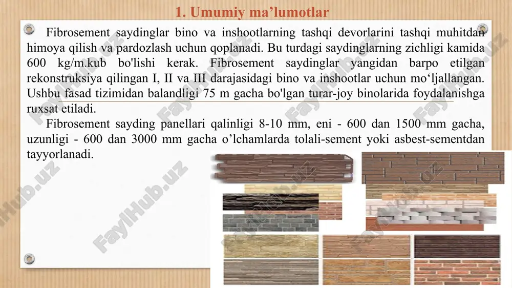 himoya bo'yoqlari bilan bo’yaladi. ishonchlilik uchun sayding panellari kamida uchta punktga maxkmlanishi kerak. fibrosement sayding panellarini kesish quyidagi usul yordamida amalga oshiriladi: - elektrolobzika; - dumaloq arra; - qo'l asbobi. gorizontal sayding panellarini montaj qilish gorizontal profilli panellarni o’rnatishda vertikal-gorizontal sxemada vertikal yo’nalishda karkaslar asosga maxkamlanadi. verikal ravishta o’rnatiladigan karkaz profillar po'latdan yasalgan, sovuq yoki issiq usulda ishlov berilgan rux qoplamasi va qo'shimcha poliester qoplamasi bilan qoplamgan bo’ladi. bundan tashqari korroziya chidamli po’latdan yasalgan bo’lishi mumkin. profillar asosga o’rnatish - kronshtyeyn konsolining tepa qismiga samoraezlar orqali maxkamlanab amalga oshiriladi. propillarni kronshtyeyn konsoliga o’rnatishda issiqlikni izolyatsiyalovchi materialning o’lchamini ham hisobga olish kerak bo’ladi (100-250 mm). agar kerak bo'lsa, loyiha uchun 10-15 mm harorat bo'shliqlari joylashtirilishi kerak (har 6,0 m. da). vertikal sayding panellarini montaj qilish vertikal sayding panellarni o’rnatishda vertikal-gorizontal sxemada gorizontal yo’nalishda karkaslar asosga maxkamlanadi. gorizontal ravishta o’rnatiladigan karkaz profillar po'latdan yasalgan, sovuq yoki issiq usulda ishlov berilgan rux qoplamasi …