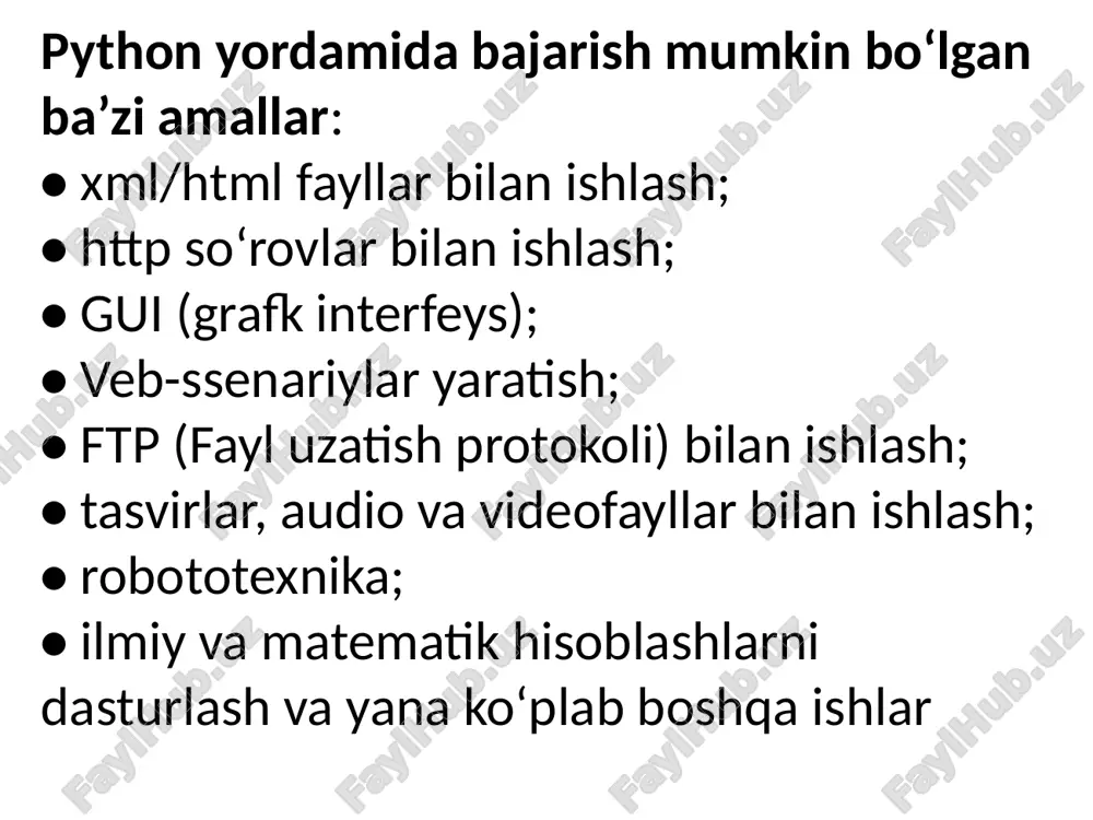 li va raqamlardan(0-9) tashkil topishi mumkin. • o'zgaruvchilar nomlashda katta va kichik registrlar farqlanadi. masalan, myname va myname – bular boshqa-boshqa o'zgaruvchi hisoblanadi • o'zgaruvchilarni to'g'ri nomlashga misollar: i, _my_name, name_23, a1b2_c3 • o'zgaruvchilarni noto'g'ri nomlashga misollar: 2things, ' ', my-name, >a1b2_c3 va “o'zgaruvchi qo'shtirnoqda" bundan tashqari o‟zgaruvchi nomi pythonda ishlatiladigan kalit so’zlar nomi bilan mos tushmasligi shart. masalan, o’zgaruvchi nomi and, as, assert, break, class, continue, def, del, elif, else, except, false, finally, for, from, global, if, import, in, is, lambda, none, nonlocal, not, or, pass, raise, return, true, try, while, with, yield kabi kalit so’zlar nomi bilan mos tushishi mumkin emas. i=5 print(i) i = i + 1 print(i) s = "'bu ko'p qatorlik satr. bu uning ikkinchi qatori."' print(s) natija: 5 6 bu ko'p qatorlik satr. bu uning ikkinchi qatori. o`zgaruvchi va konstantalarni qo`llanishiga misol: o’zgaruvchilar turi (tipi) bool (boolean) – true va false mantiqiy qiymatlar uchun; …
