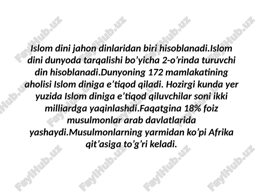 bo’ladigan yaxshi,yomon ishlarning qayshi zamonda, qaysi joyda, qay ravishda bo’lmog’ini hamda o’z ilmi azaliysi bilan bo’lmasdan turib oldindan belgilab qo’yilishidir. 7.alloh taoloning qudrati bilan o’lgan bandalar qayta tiriladilar,so’ngra alloh taoloning tayin qilgan yeriga borib yig’iladilar.yig’iladigan joyning nomi ”mahshar yeri”, kun esa “qiyomat kuni” deb ataladi. 12 islom dini 5 ustunga ega. kalima keltirish ro’za tutish haj safari zakot berish namoz o’qish 1.kalimayi shahodat- allohdan o’zga iloh yo’qligiga va muhammad (s.a.v) uning bandasi va payg’ambar ekanligiga shohidlik beraman demoqlikdir.u arab tilida shunday deyiladi:”ashhadu an lo ilaha illallohu va ashhadu anna muhammadan abduhu va rasuluh”. 2.namoz o’zini musulmomnan deb hisoblaydigan har bir bandaga buyurilgan ibodatdir.namoz ibodati kuniga 5 mahal o’qiladi. 3.ro’za erta tongdan to kun botishiga qadar yemoq va ichmoqdan tiyilmoq va shunga niyat qilmoqlik demakdir.ro’za har bir musulmonning o’zi tutib berishi shart bo’lgan farz ibodatidir.ramazon oyi oxirida fitr sadaqasi beiladi.fitr sadaqasi-o’ziga to’q musulmonlarning muhtoj va hojatmandlar uchun ramazon oyida beradigan xayru …