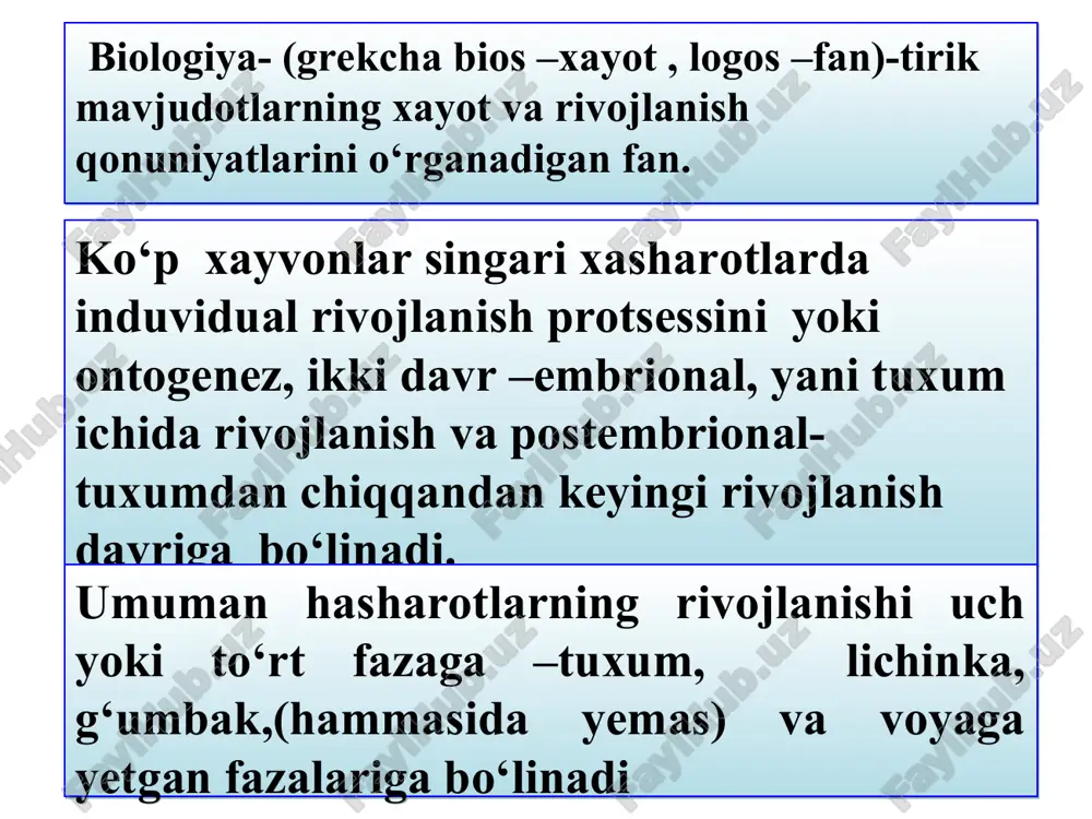 arga bo‘linmaydi. ular kapalak qurtlarida 2-5, arrakashlarda (pardaqanotlilar) 6-8 juftdir. kapalak lichinkalari qurt, ularga o‘xshash tuzilishdagi arrakash lichinkalari esa soxta qurt deb ataladi. lichinkalar rivojlana borish protsessida bir necha marta (4-5 marta) tullaydi. tullashlar oralig‘idagi davr yosh deb ataladi. lichikaning tuxumdan chiqib birinchi tullashga qadar bo‘lgan davr birinchi yosh xisoblanadi. so‘ngra har xil tullash ketidan navbatdagi yosh farqlanadi.so‘nggi yoshda lichinka tez rivojlanishi oxirida g‘umbakka (to‘liq o‘zgarishli xasharotlar) yoki birdaniga yetuk zotga (to‘liqsiz o‘zgarishli xasharotlar) aylanadi. bir qator xasharotlar (kapalaklar, parda qanotlilar)ning lichinkalari g‘umbak fazasiga o‘tishdan ilgari o‘rgimchak uyasi ipi singari ip tolalardan pilla o‘raydi va uning ichida g‘umbaklanadi. pillani ip tola chiqarish bezlari bo‘lgan lichinkalariga o‘raydi. bunday bezlar suyuqligi pastki labning maxsus teshikchasidan ingichka oqim kabi ajralib, xavoda tezda qotadi. ko’p xasharotlarning lichinkalari tuproq ichida g’umbakka aylanadi. tanasi atrofini tuproq bilan zichlashtirib, beshikcha yaseydi. g’umbak lichinkaning yetuk hasharotga aylanish fazasidir. g’umbak xarakatiz, lekin unda yetuk hasharotga xos organlar hosil bo’lish …
